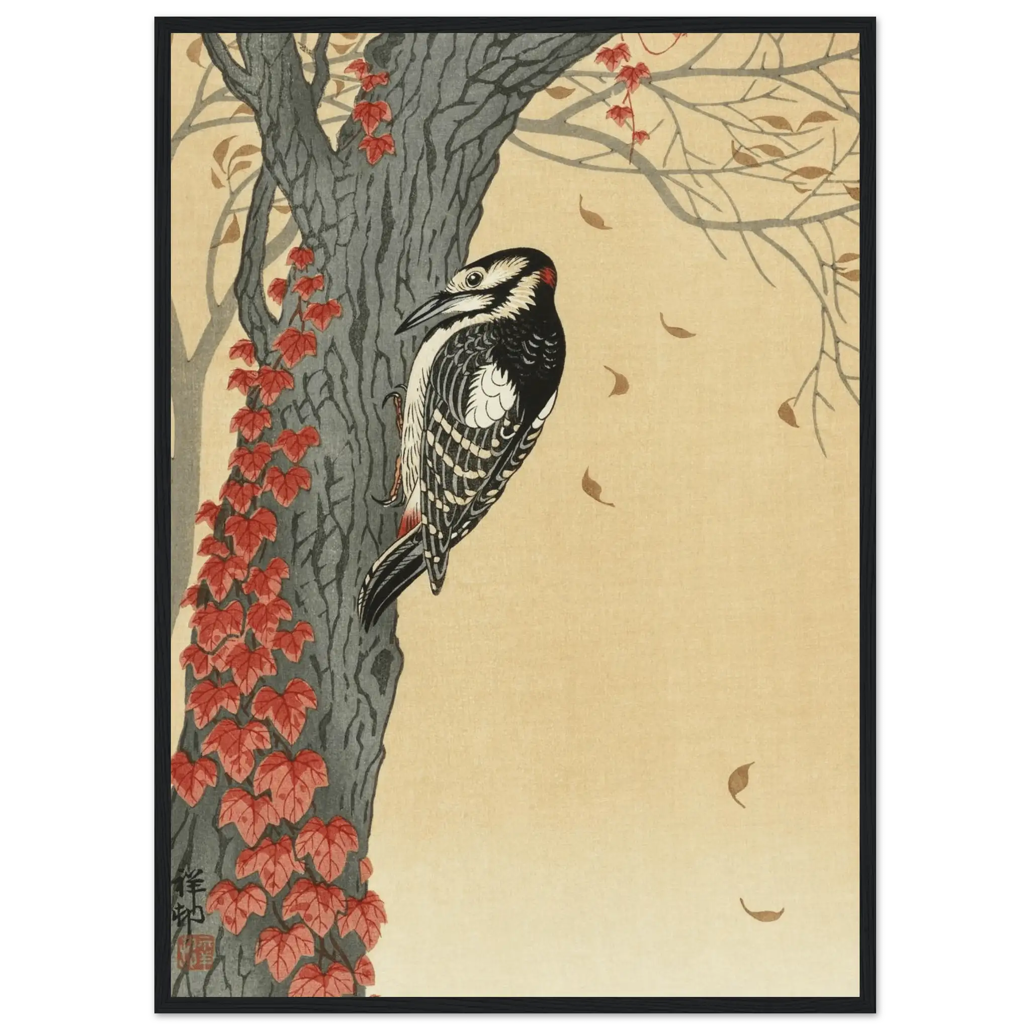 Buntspecht im Herbstlaub - Gerahmte Eleganz - HINORI