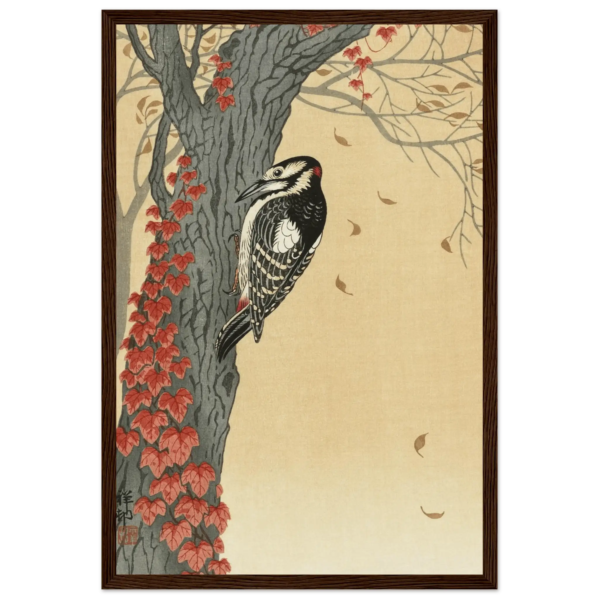 Buntspecht im Herbstlaub - Gerahmte Eleganz - HINORI