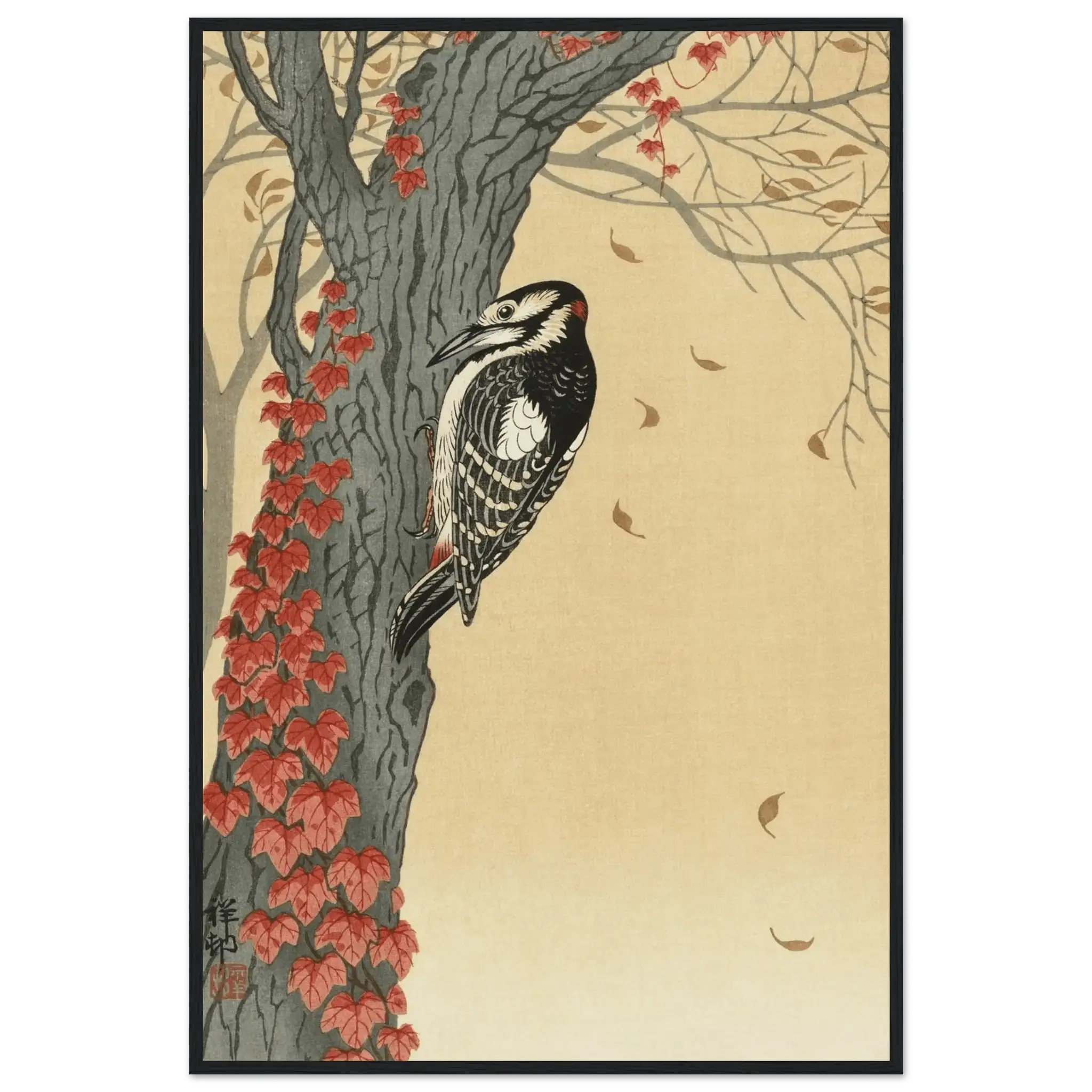 Buntspecht im Herbstlaub - Gerahmte Eleganz - HINORI