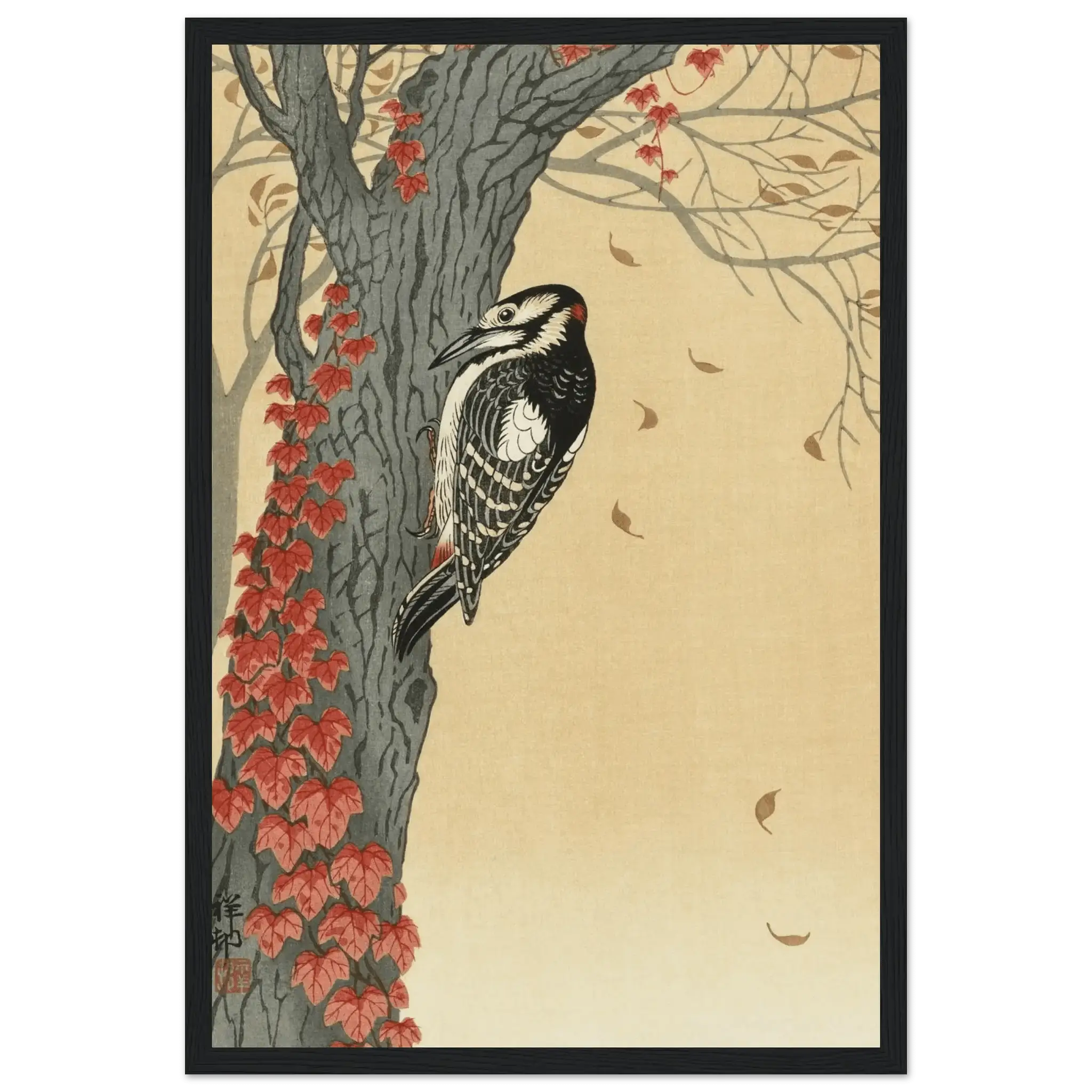 Buntspecht im Herbstlaub - Gerahmte Eleganz - HINORI