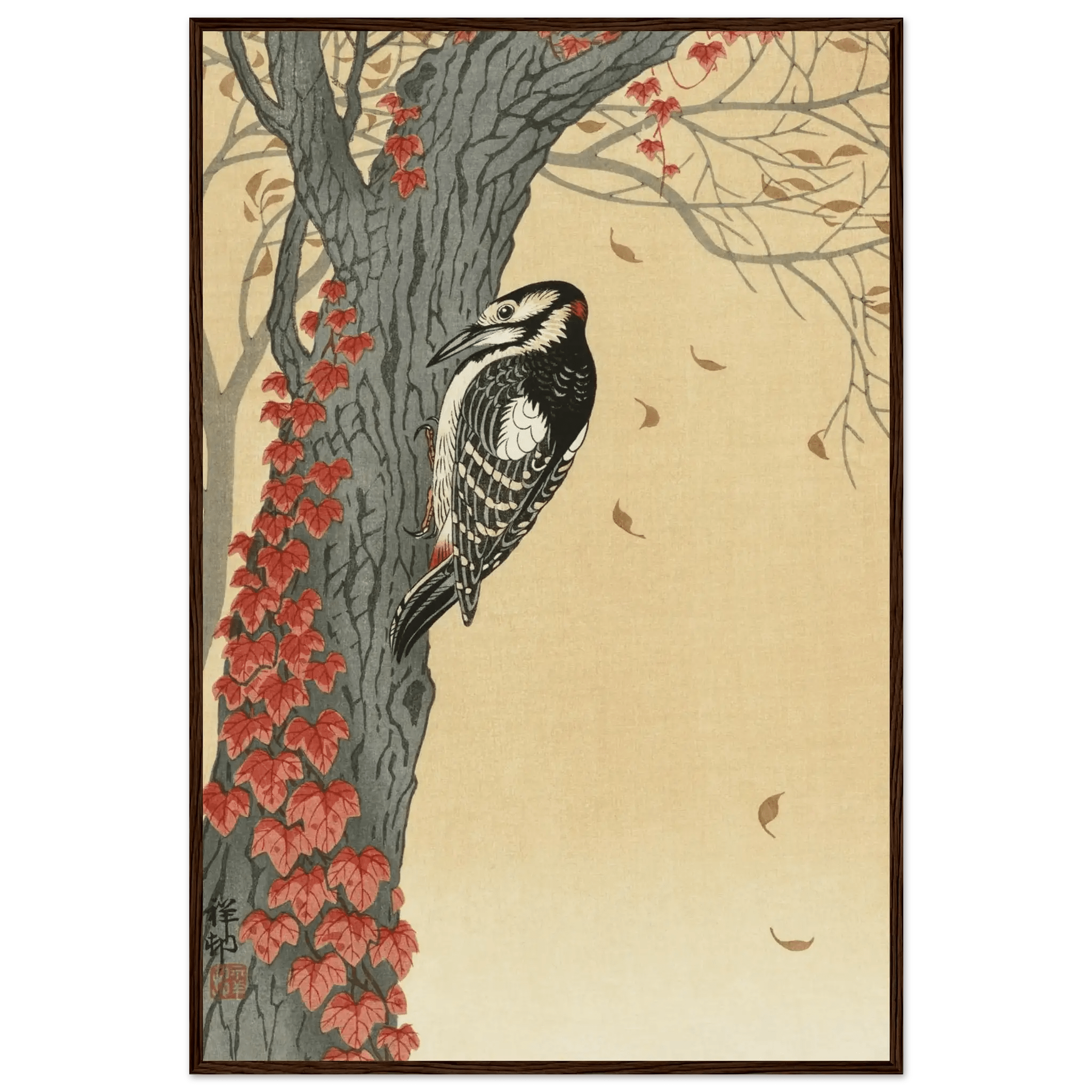 Buntspecht im Herbstlaub - Gerahmte Eleganz - HINORI