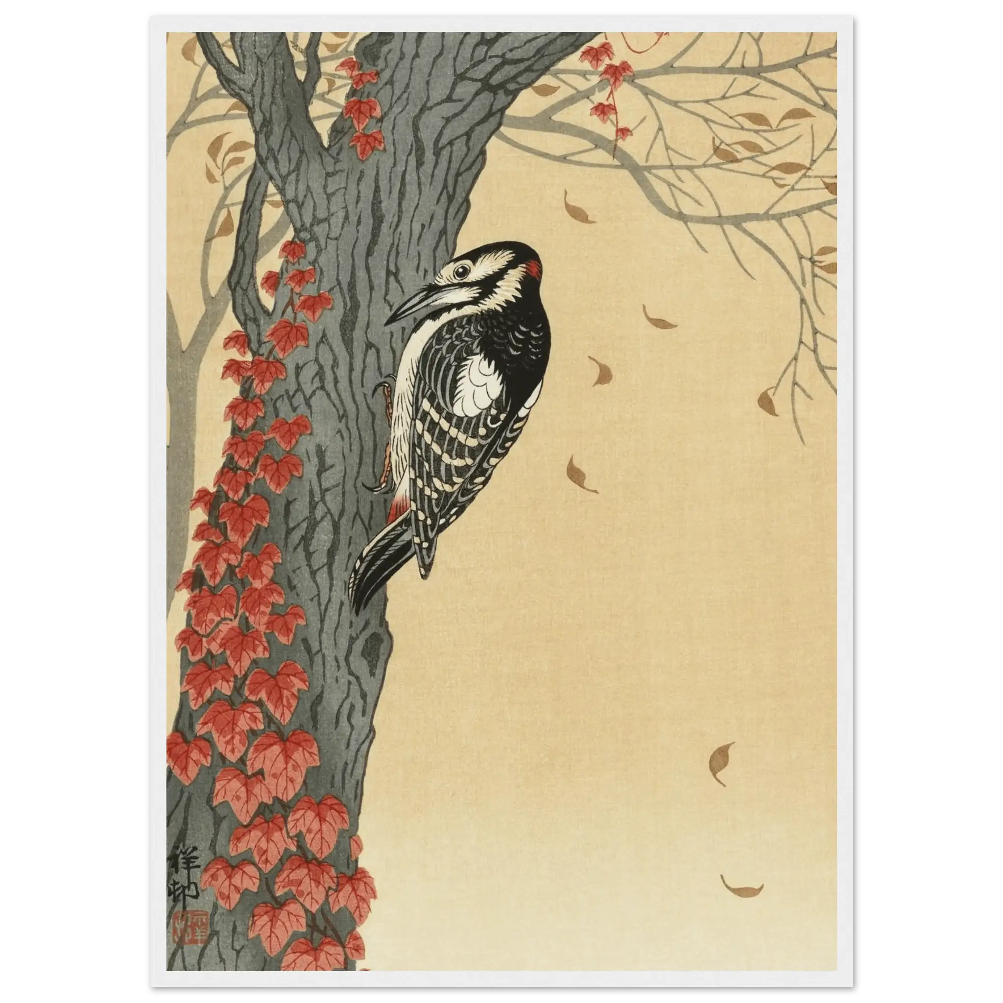 Buntspecht im Herbstlaub - Gerahmte Eleganz - HINORI