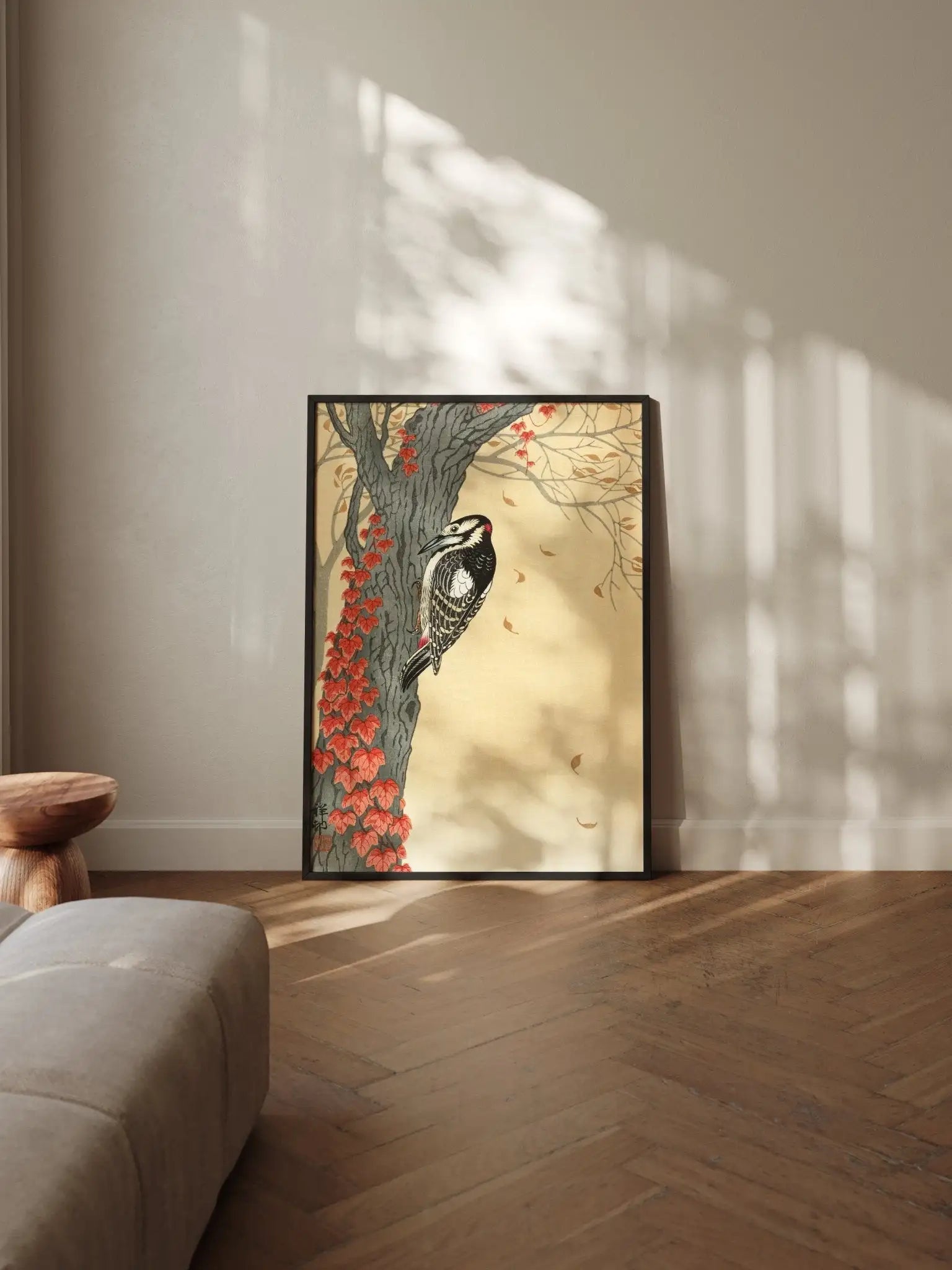 Buntspecht im Herbstlaub - Gerahmte Eleganz - HINORI