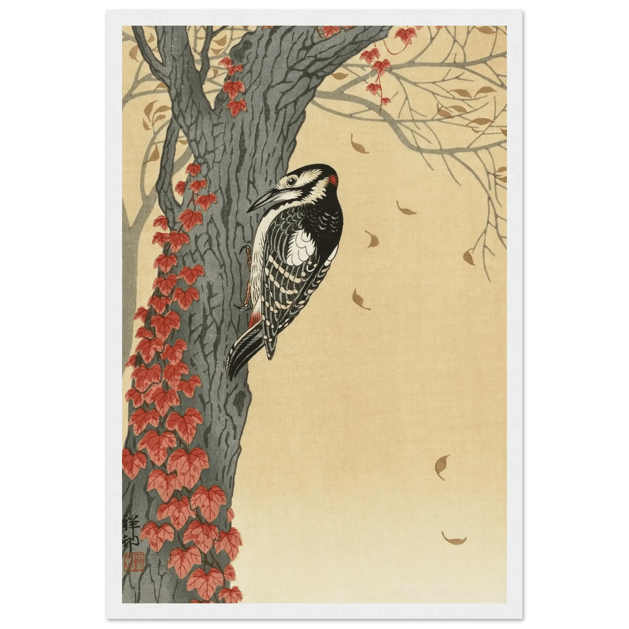 Buntspecht im Herbstlaub - Gerahmte Eleganz - HINORI