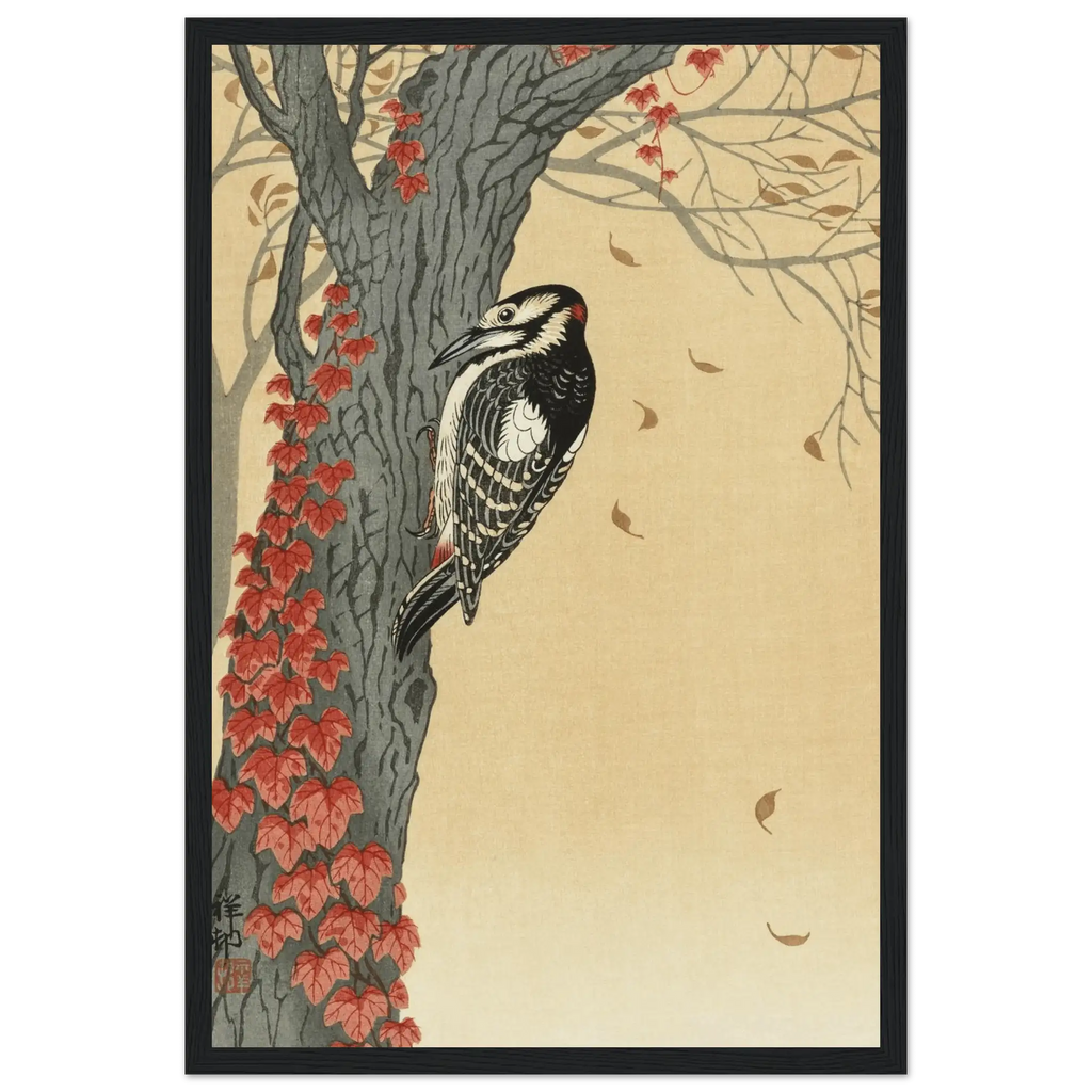Buntspecht im Herbstlaub - Gerahmte Eleganz - HINORI