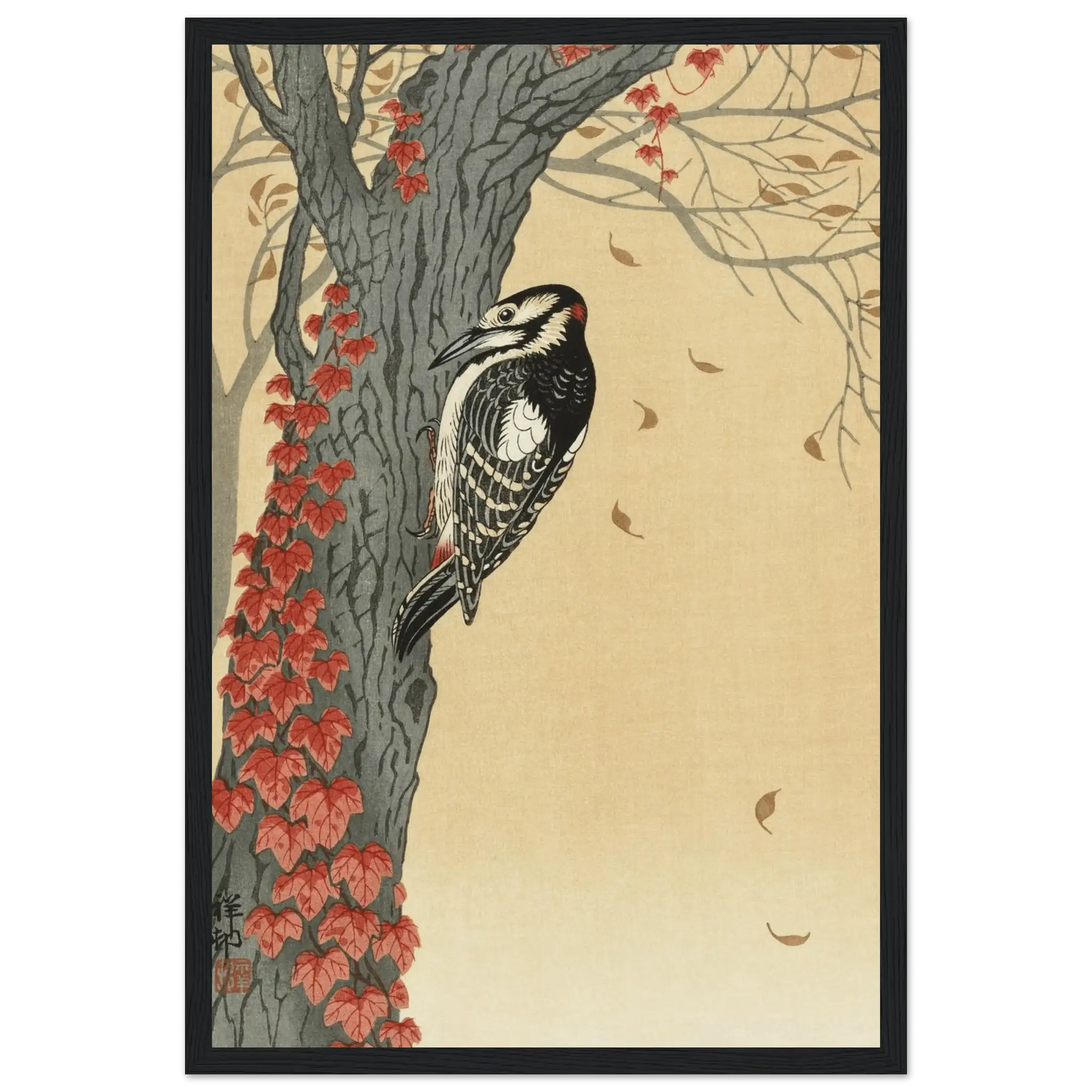 Buntspecht im Herbstlaub - Gerahmte Eleganz - HINORI