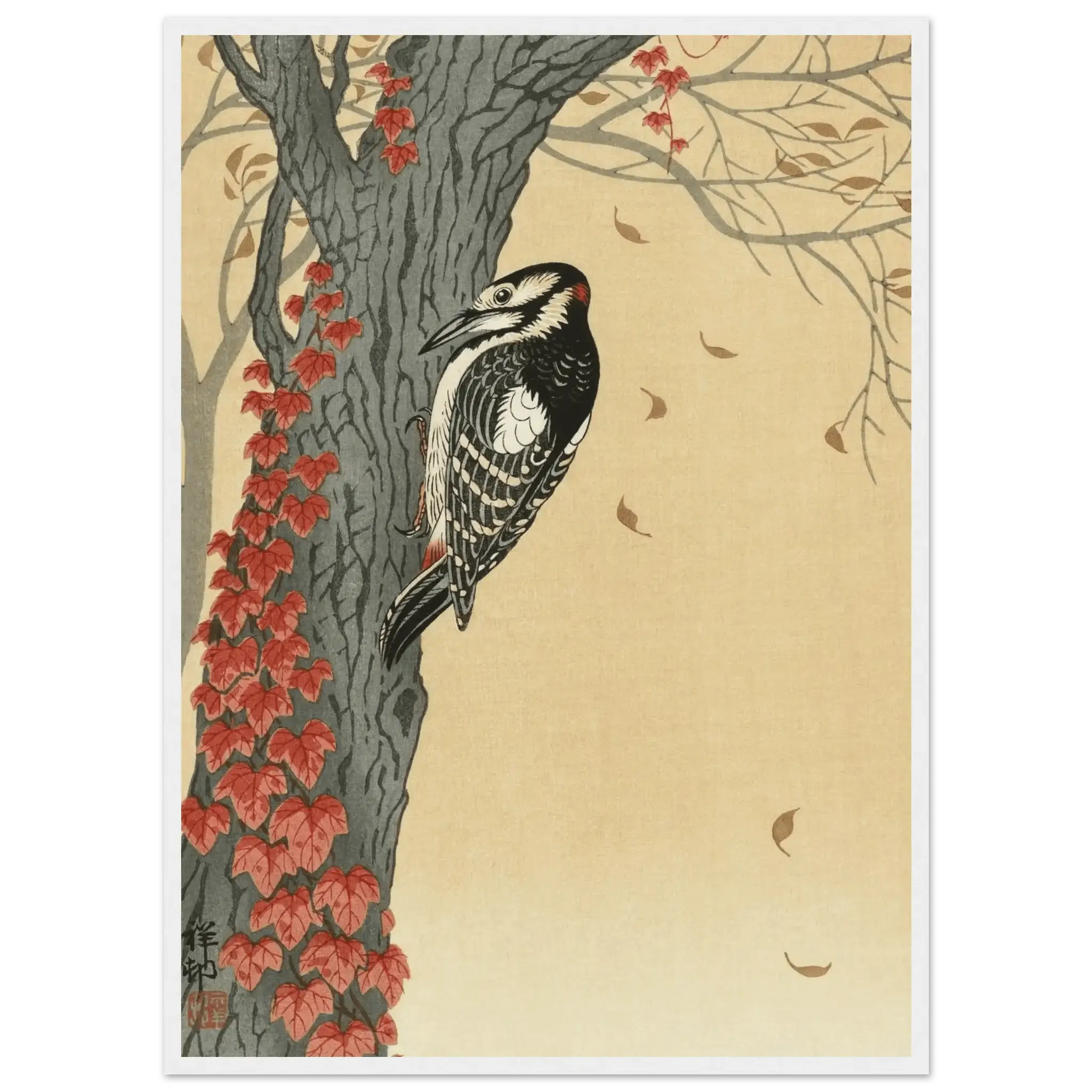 Buntspecht im Herbstlaub - Gerahmte Eleganz - HINORI