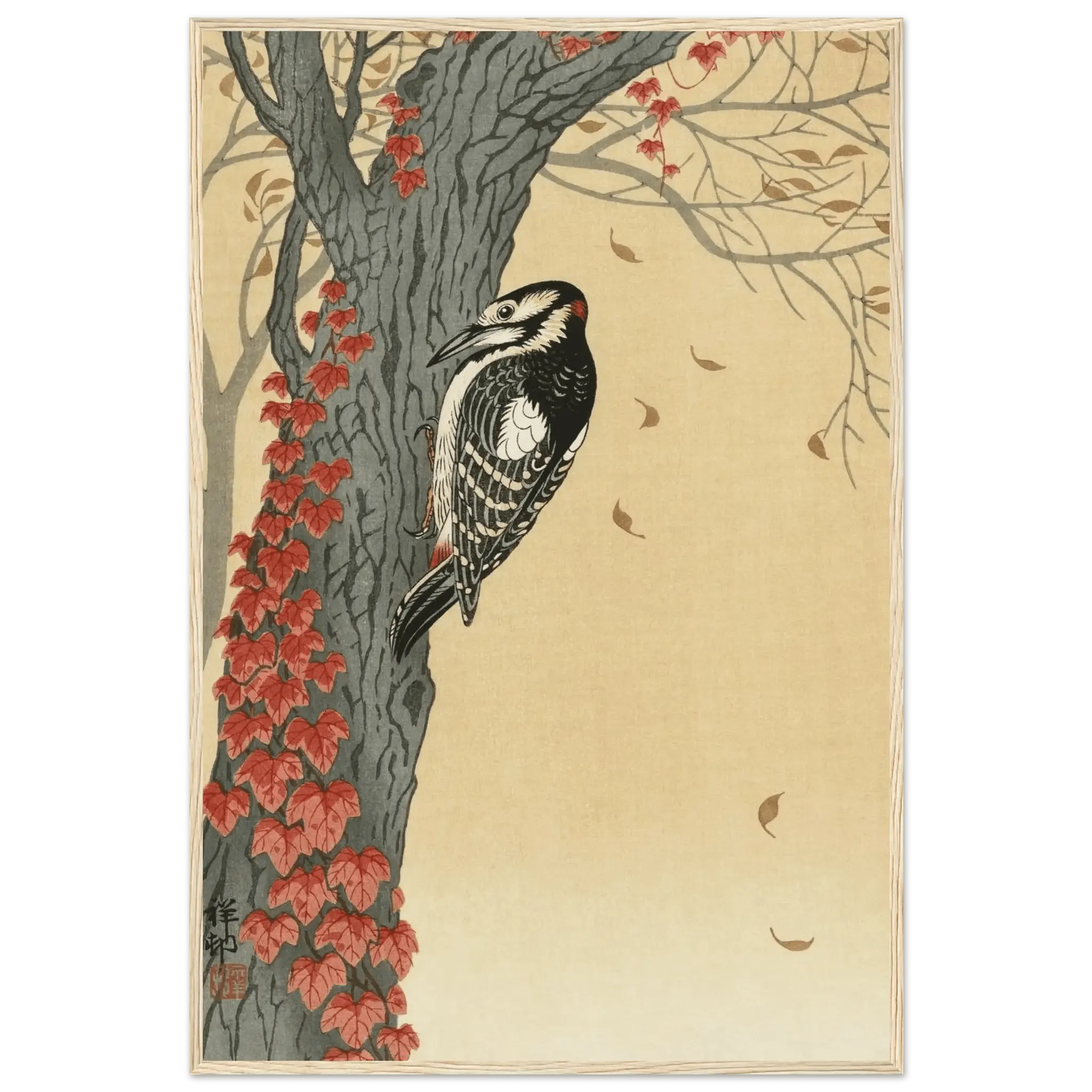 Buntspecht im Herbstlaub - Gerahmte Eleganz - HINORI