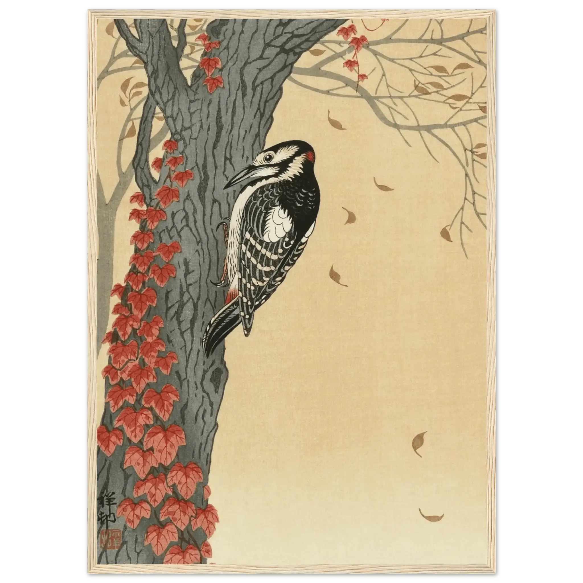 Buntspecht im Herbstlaub - Gerahmte Eleganz - HINORI