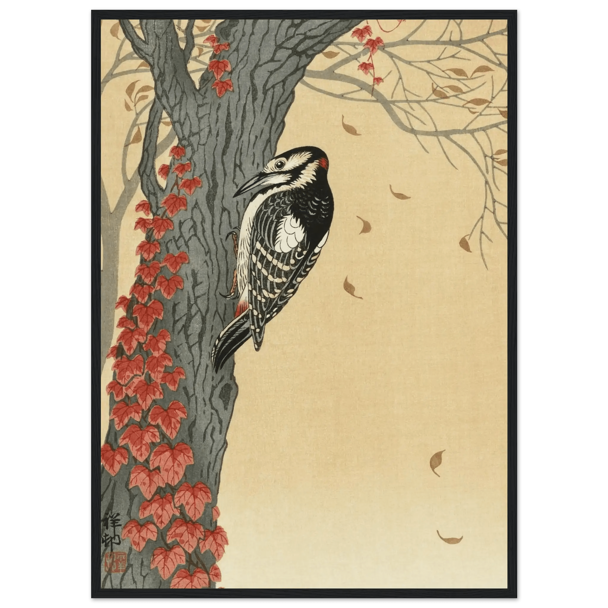 Buntspecht im Herbstlaub - Gerahmte Eleganz - HINORI