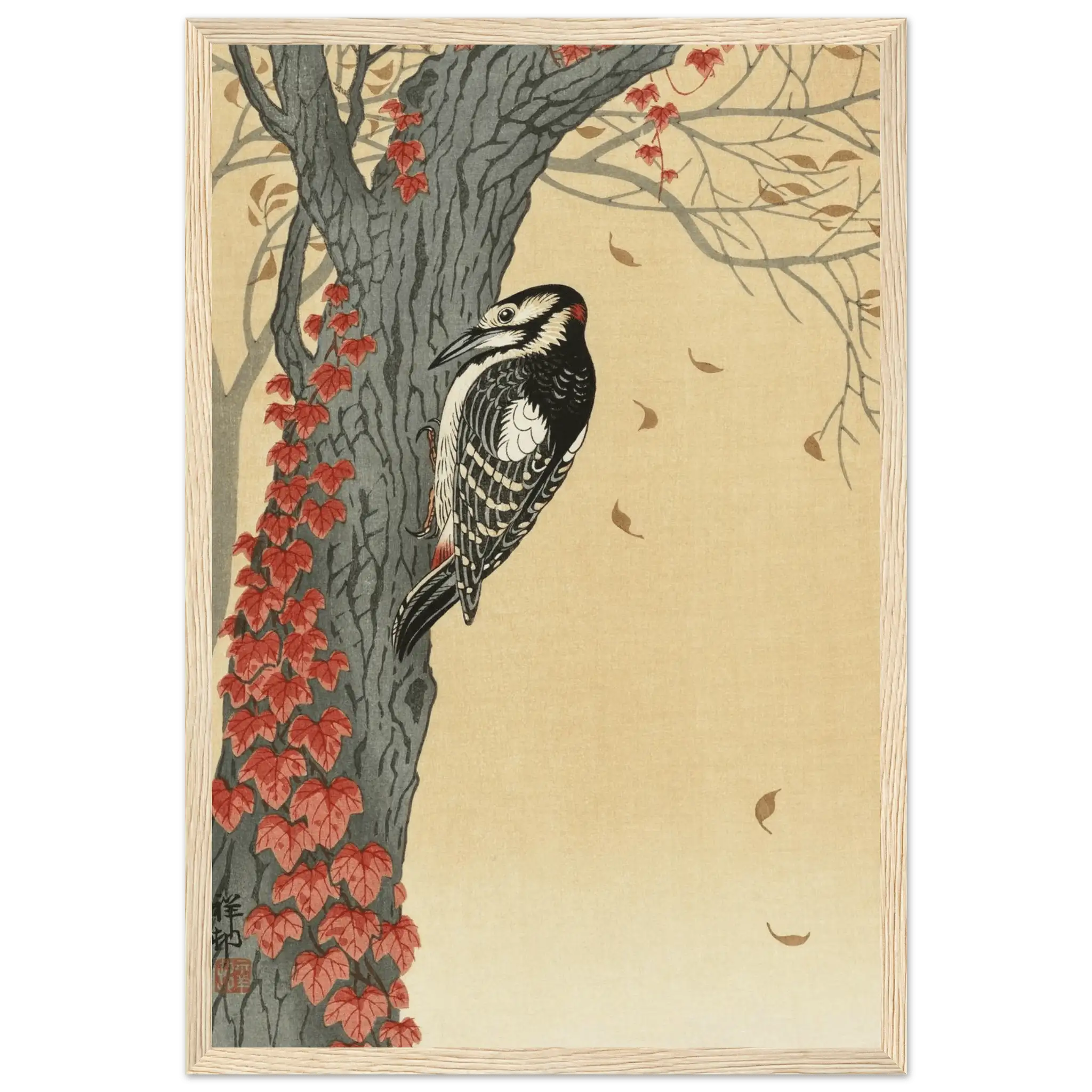 Buntspecht im Herbstlaub - Gerahmte Eleganz - HINORI