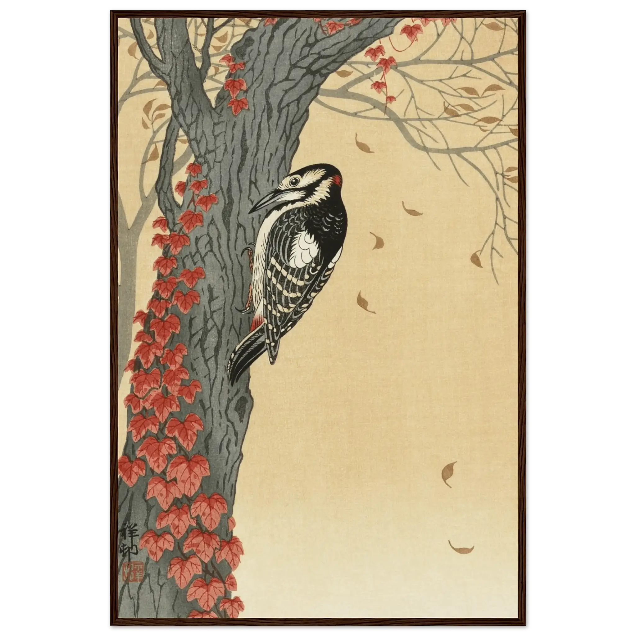 Buntspecht im Herbstlaub - Gerahmte Eleganz - HINORI