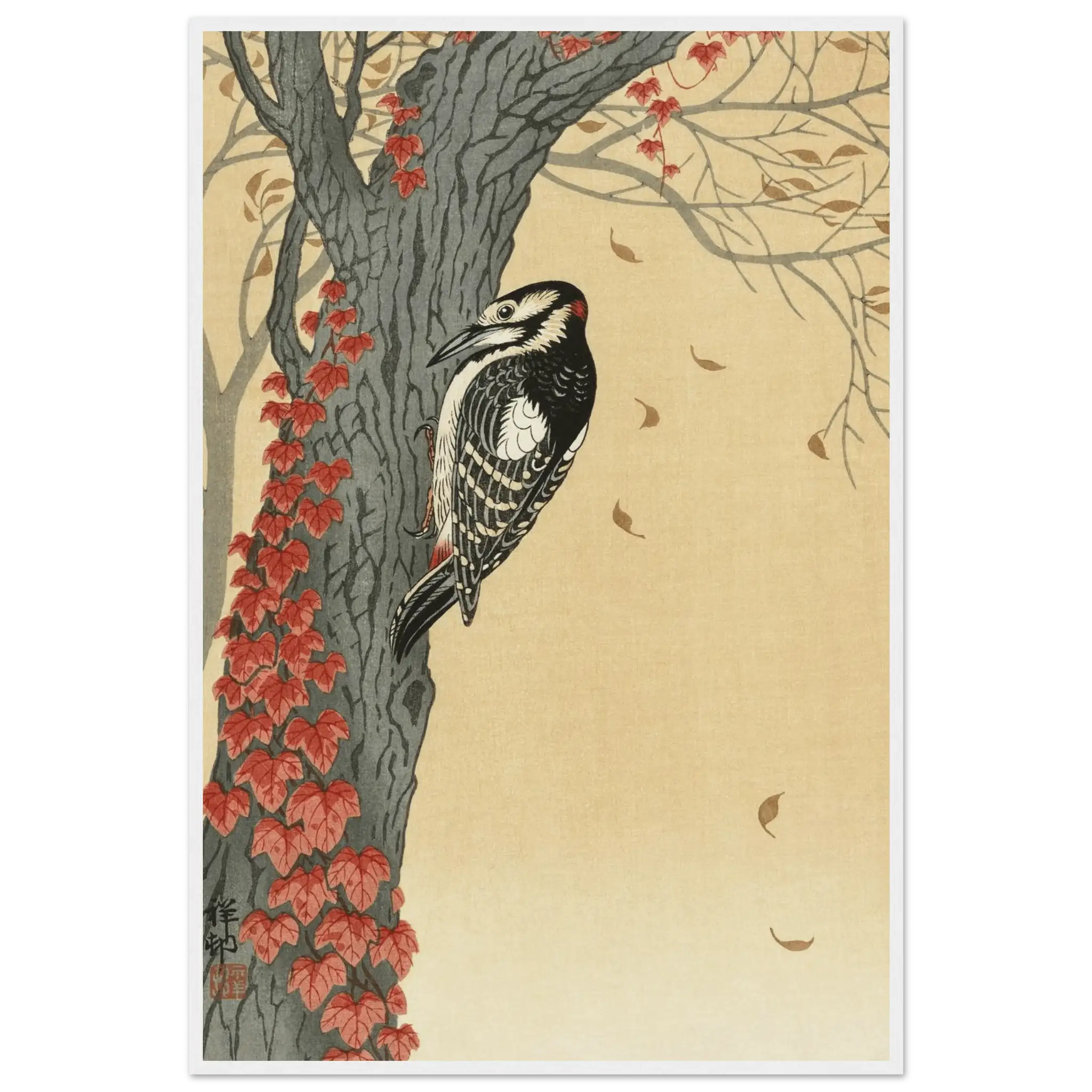 Buntspecht im Herbstlaub - Gerahmte Eleganz - HINORI