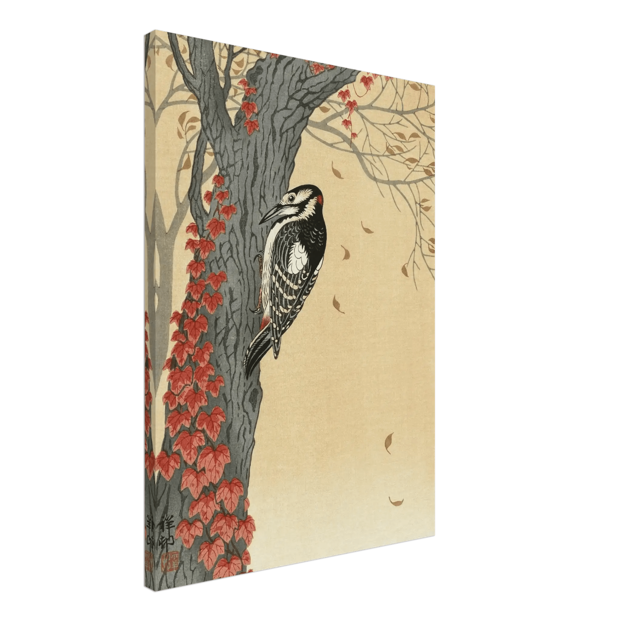Buntspecht im Herbstlaub - Leinwand - HINORI