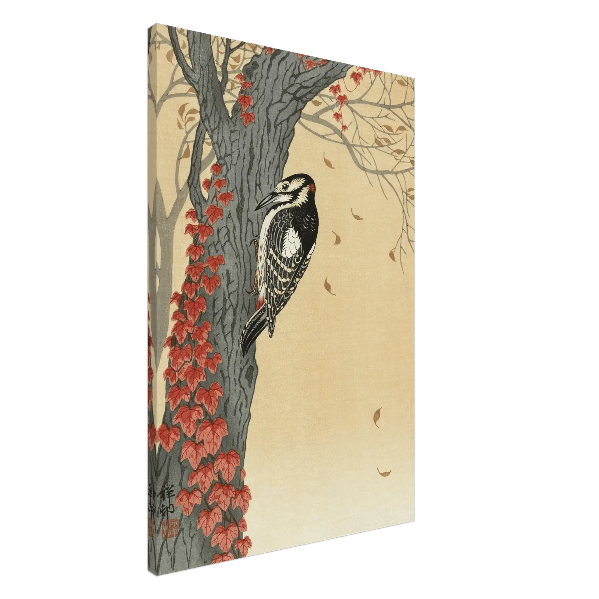 Buntspecht im Herbstlaub - Leinwand - HINORI