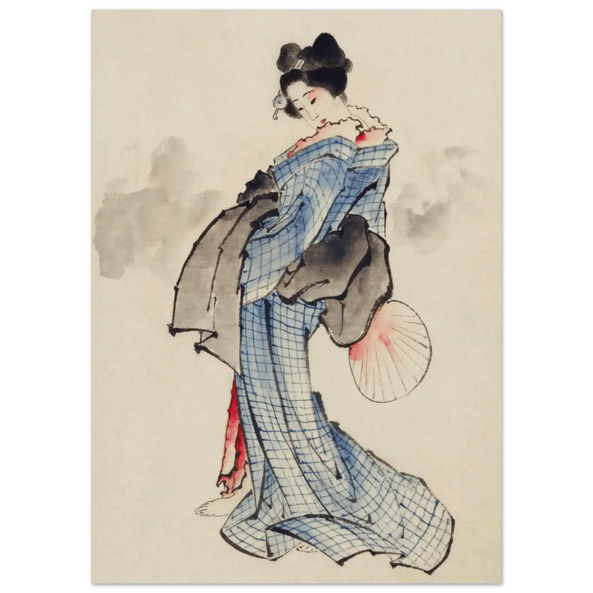 Frau mit Fächer im karierten Kimono - Fine Art Prints - HINORI