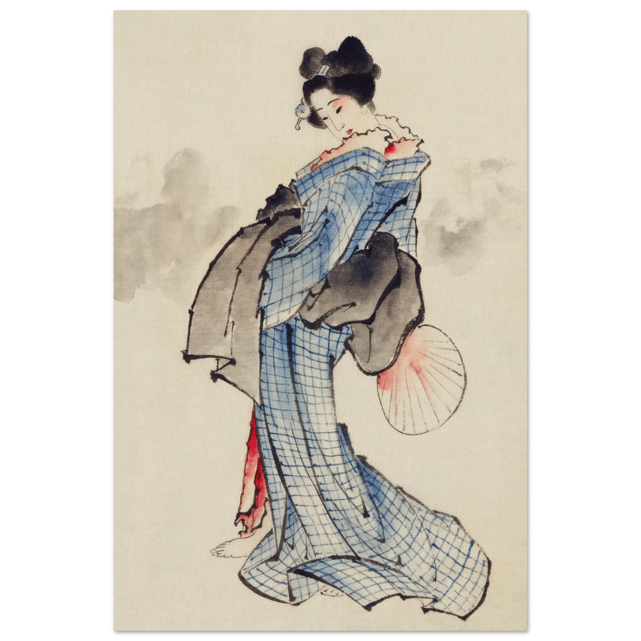 Frau mit Fächer im karierten Kimono - Fine Art Prints - HINORI