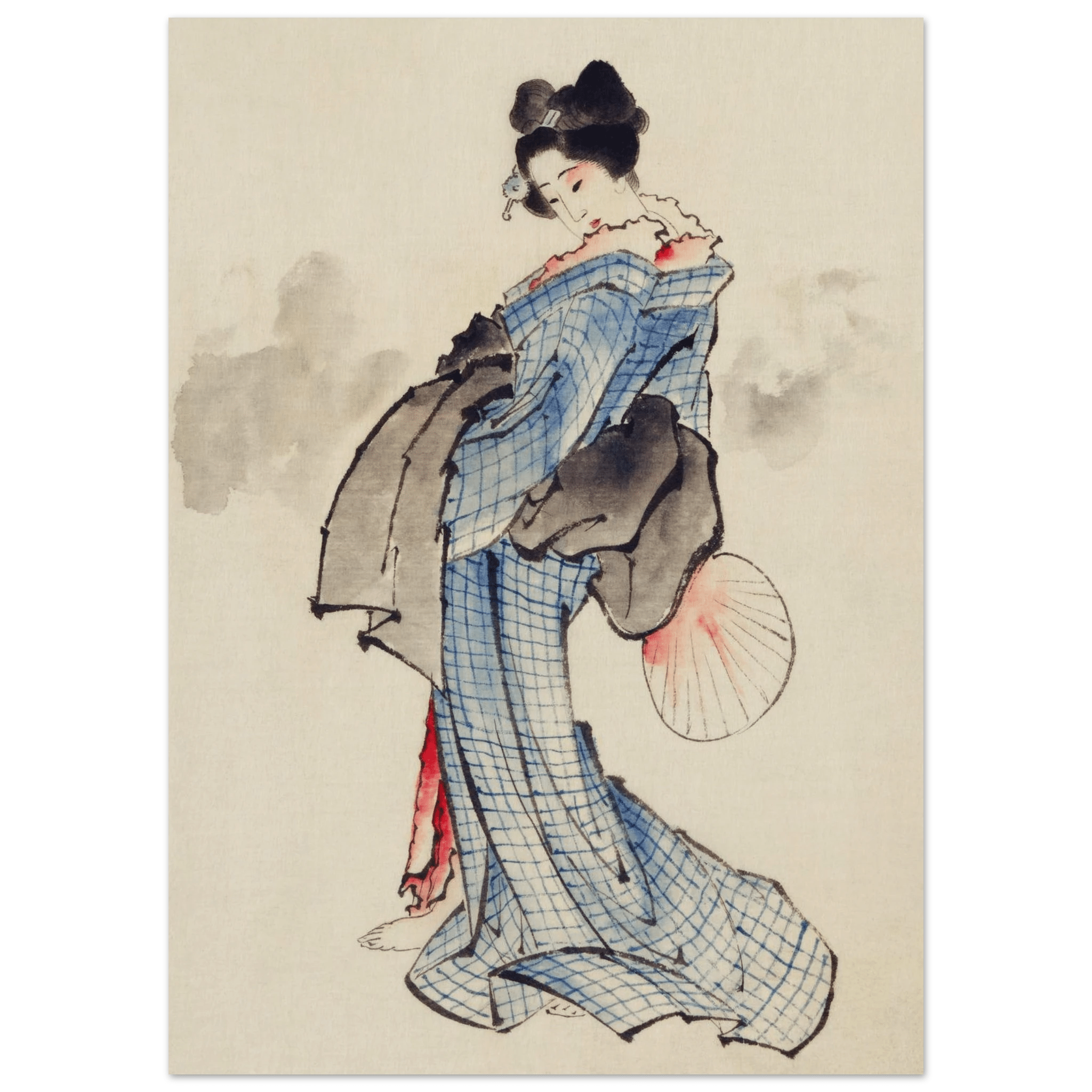 Frau mit Fächer im karierten Kimono - Fine Art Prints - HINORI