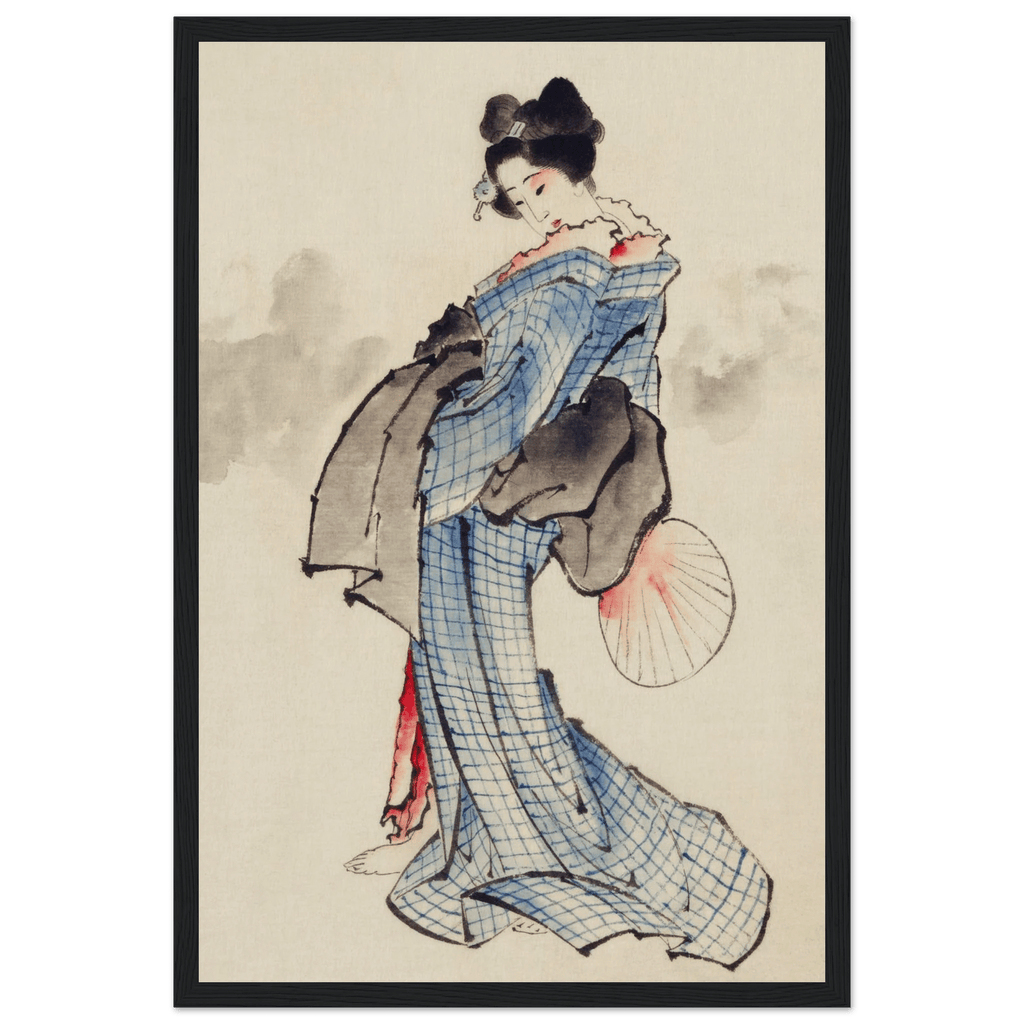 Frau mit Fächer im karierten Kimono - Gerahmte Eleganz - HINORI