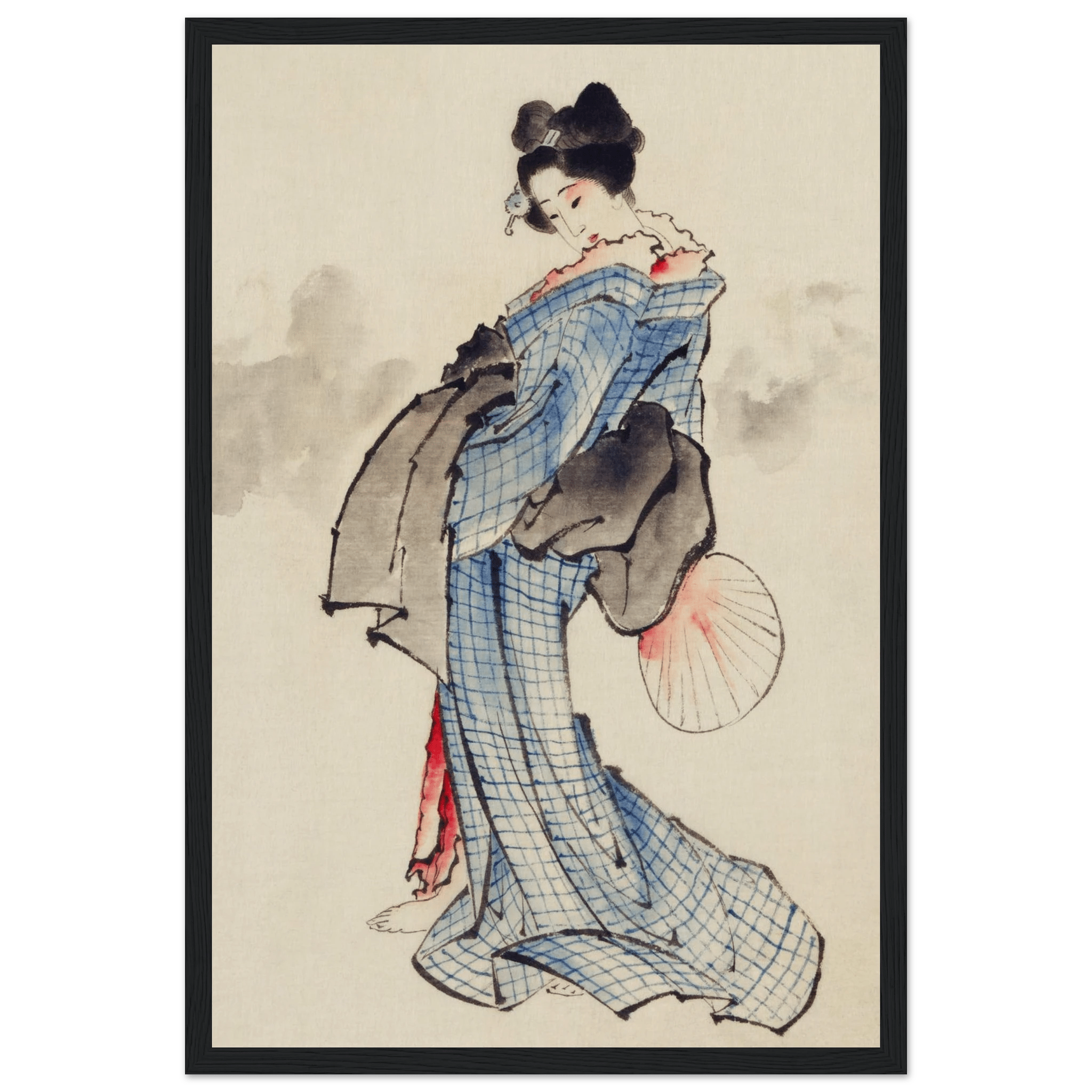 Frau mit Fächer im karierten Kimono - Gerahmte Eleganz - HINORI
