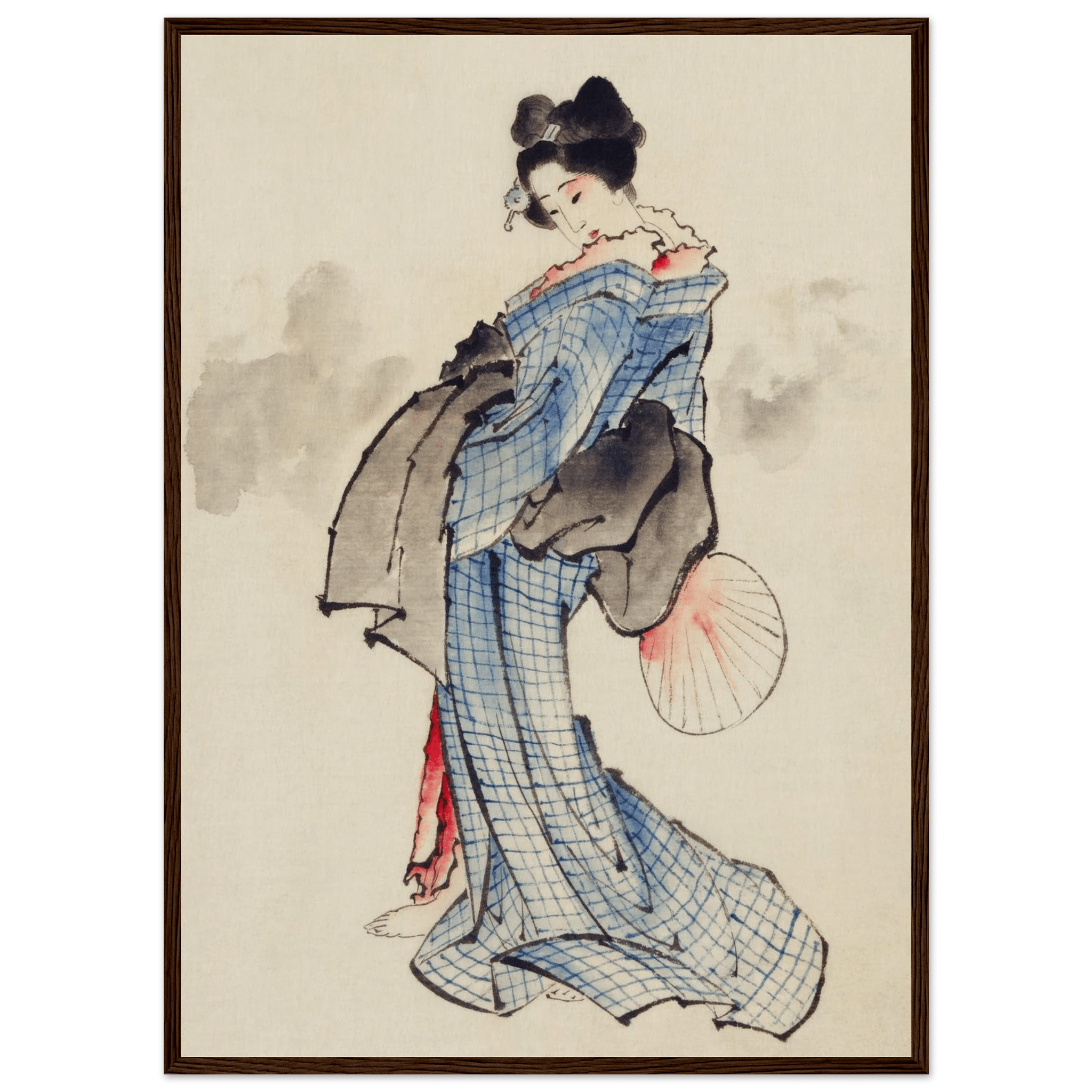 Frau mit Fächer im karierten Kimono - Gerahmte Eleganz - HINORI