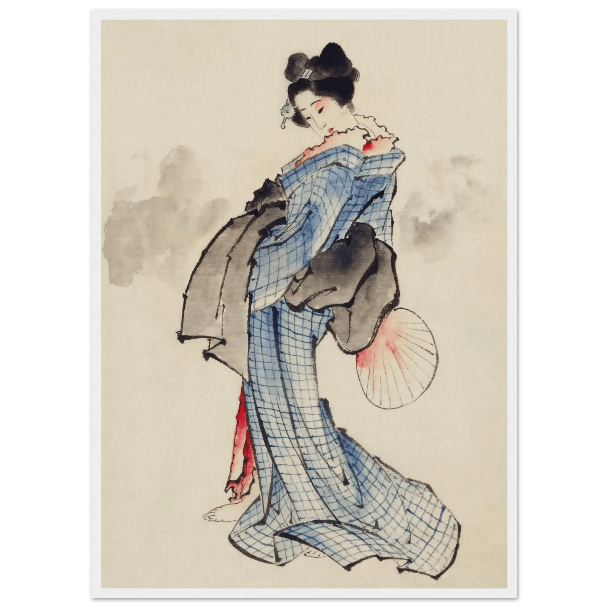 Frau mit Fächer im karierten Kimono - Gerahmte Eleganz - HINORI