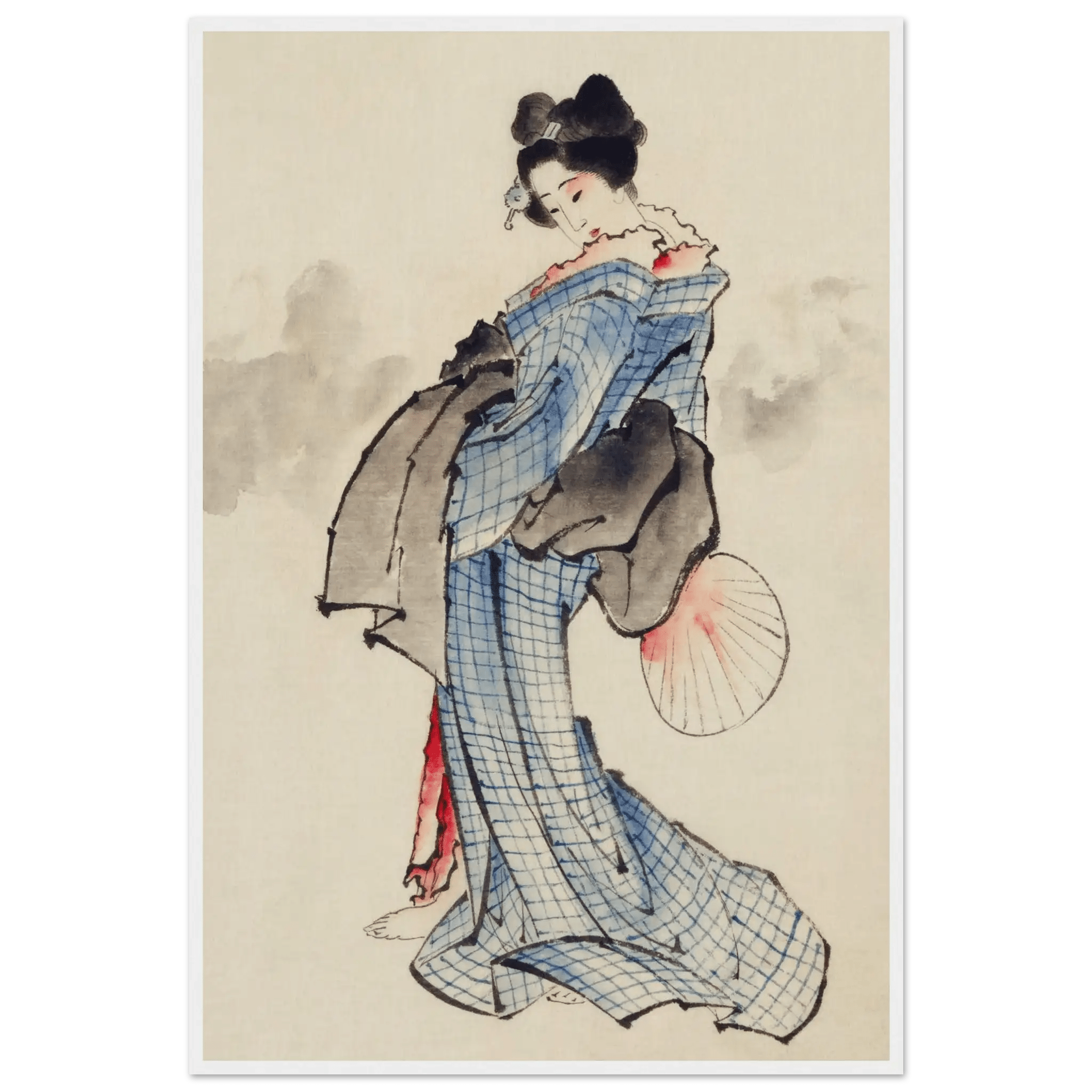 Frau mit Fächer im karierten Kimono - Gerahmte Eleganz - HINORI