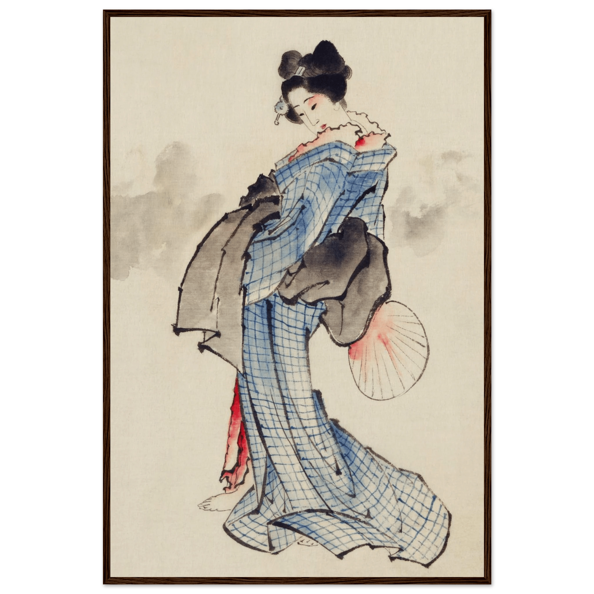 Frau mit Fächer im karierten Kimono - Gerahmte Eleganz - HINORI