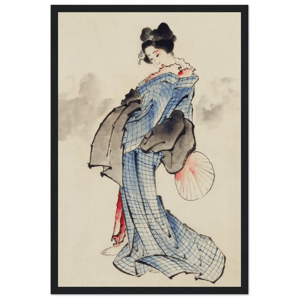 Frau mit Fächer im karierten Kimono - Gerahmte Eleganz - HINORI