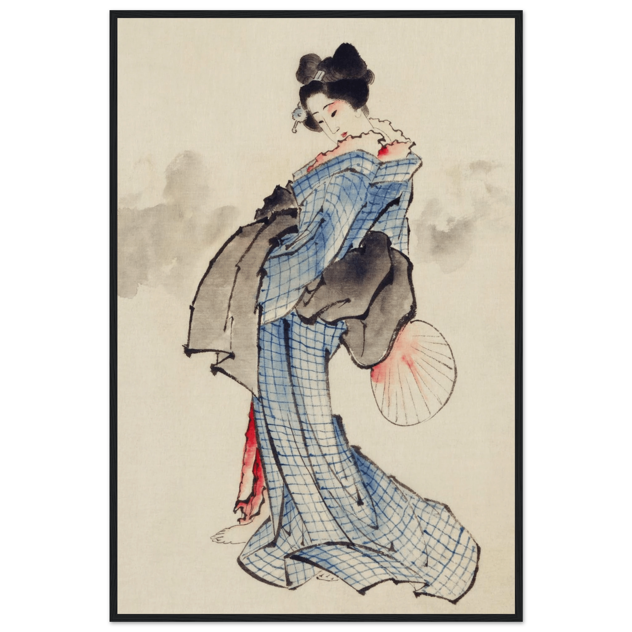 Frau mit Fächer im karierten Kimono - Gerahmte Eleganz - HINORI