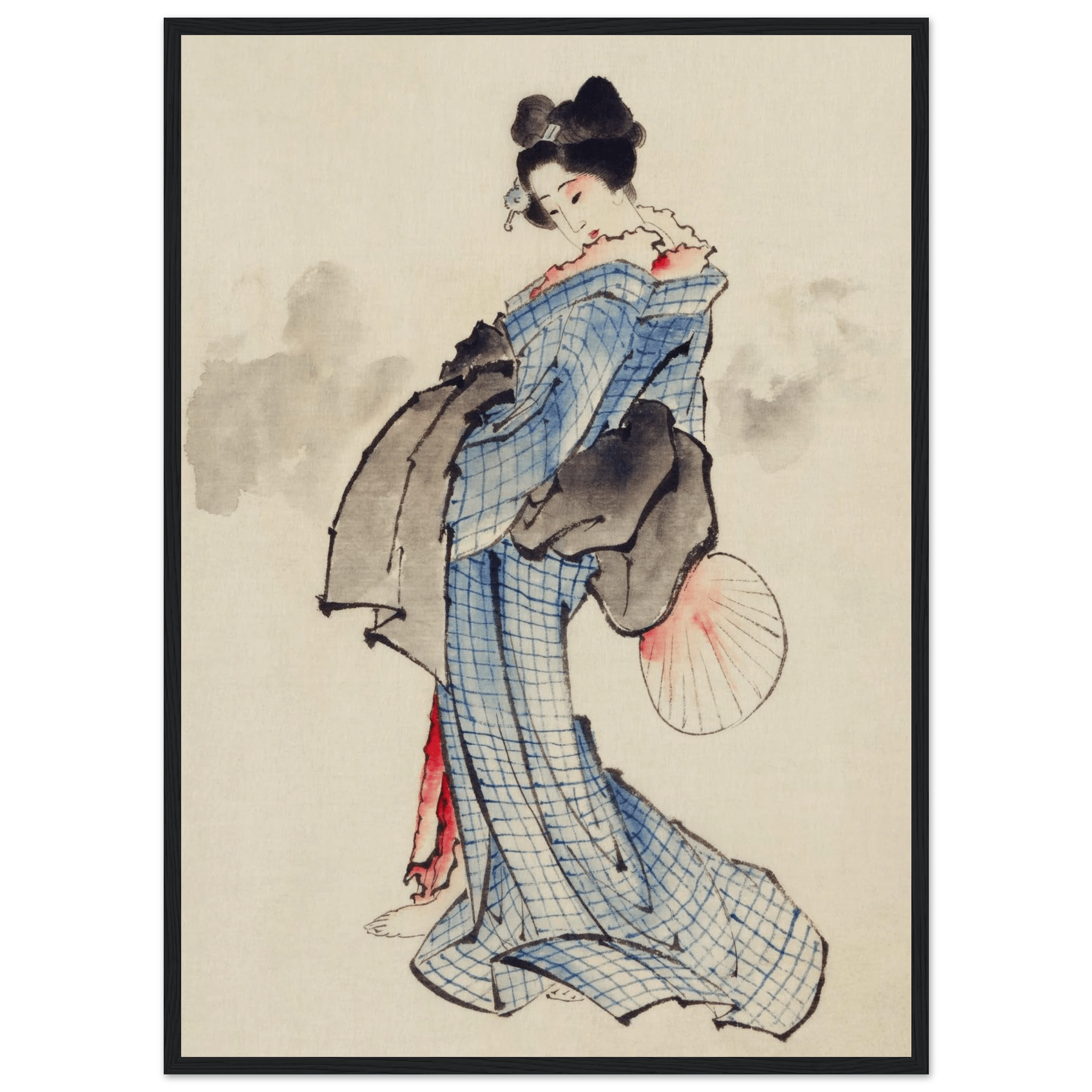 Frau mit Fächer im karierten Kimono - Gerahmte Eleganz - HINORI