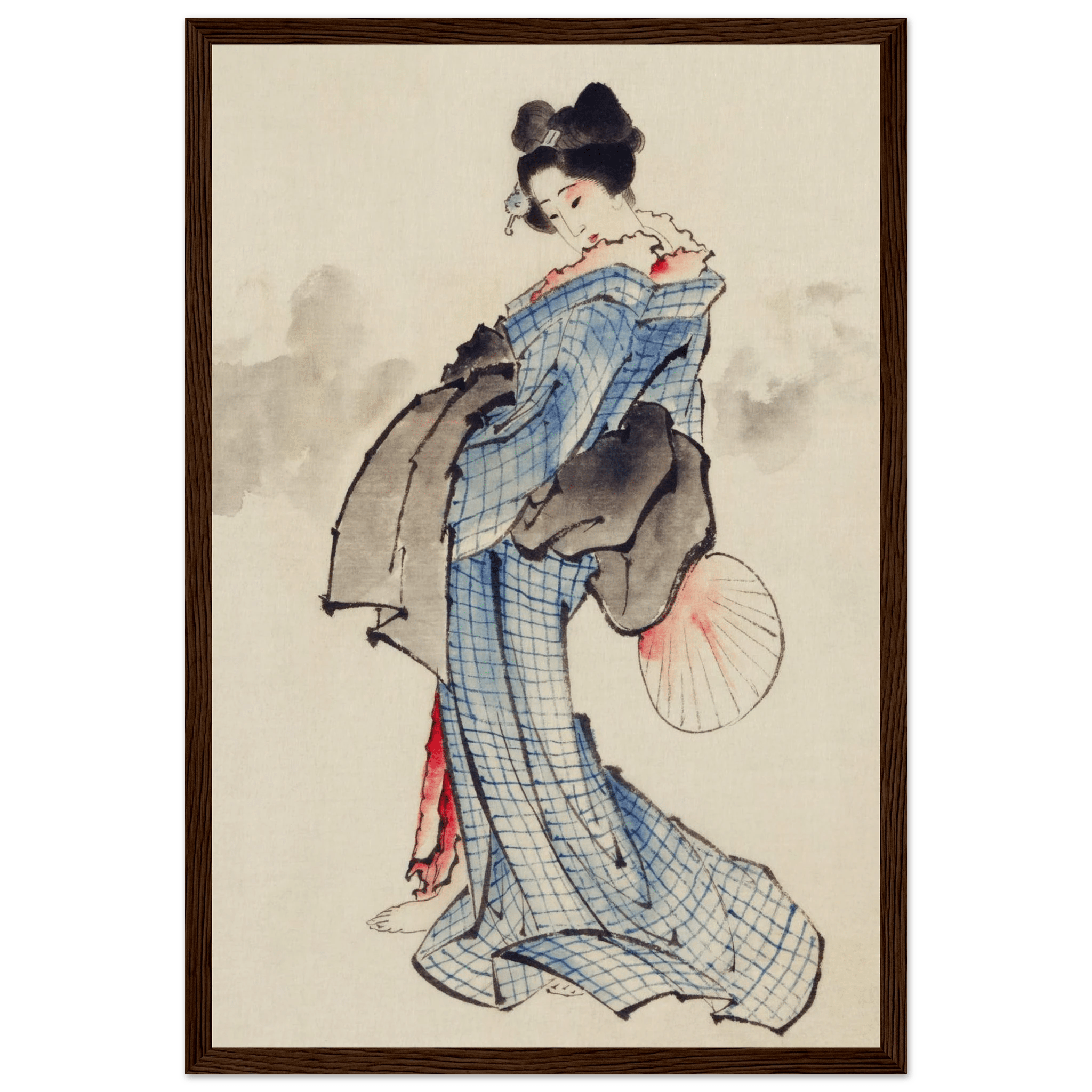 Frau mit Fächer im karierten Kimono - Gerahmte Eleganz - HINORI
