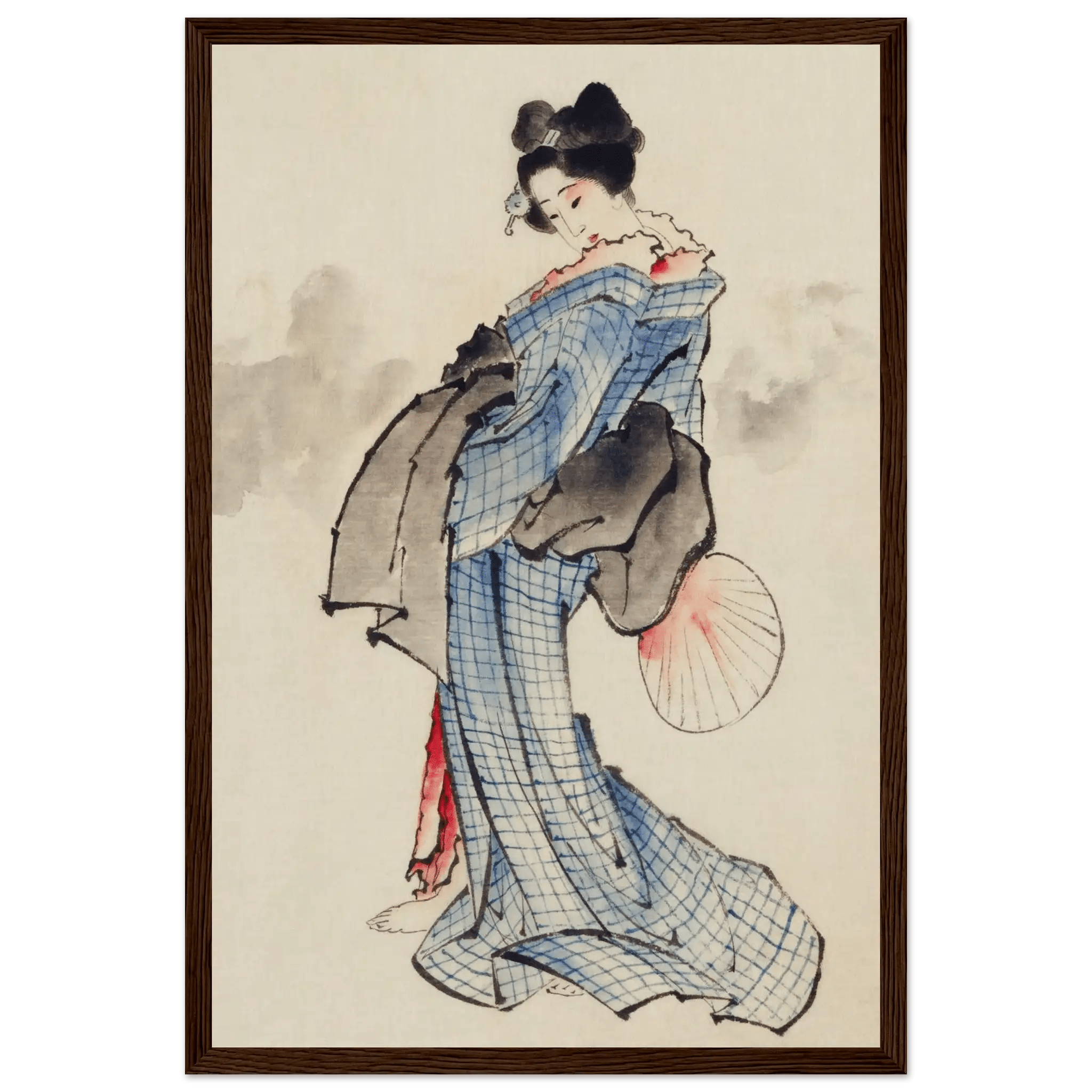 Frau mit Fächer im karierten Kimono - Gerahmte Eleganz - HINORI