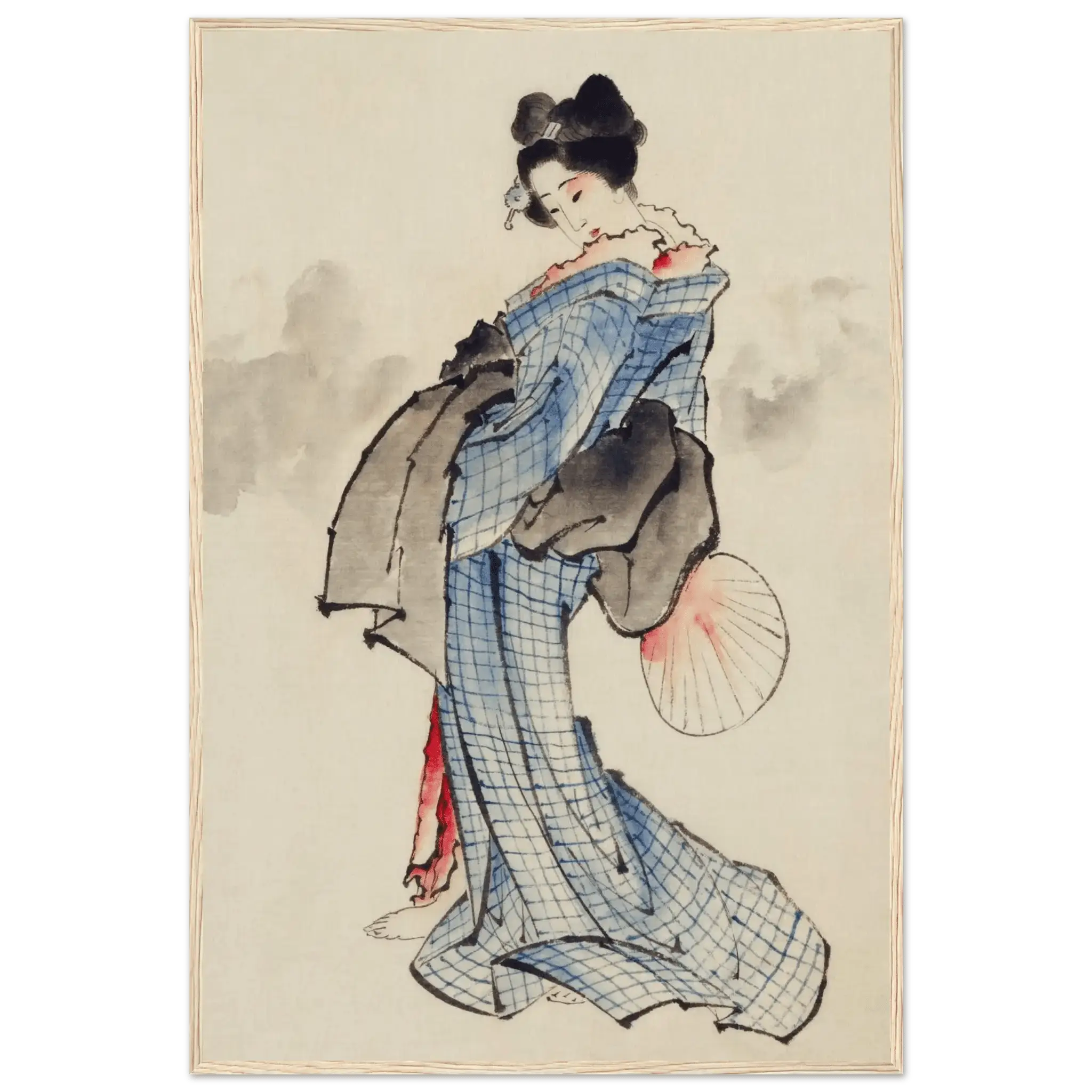 Frau mit Fächer im karierten Kimono - Gerahmte Eleganz - HINORI