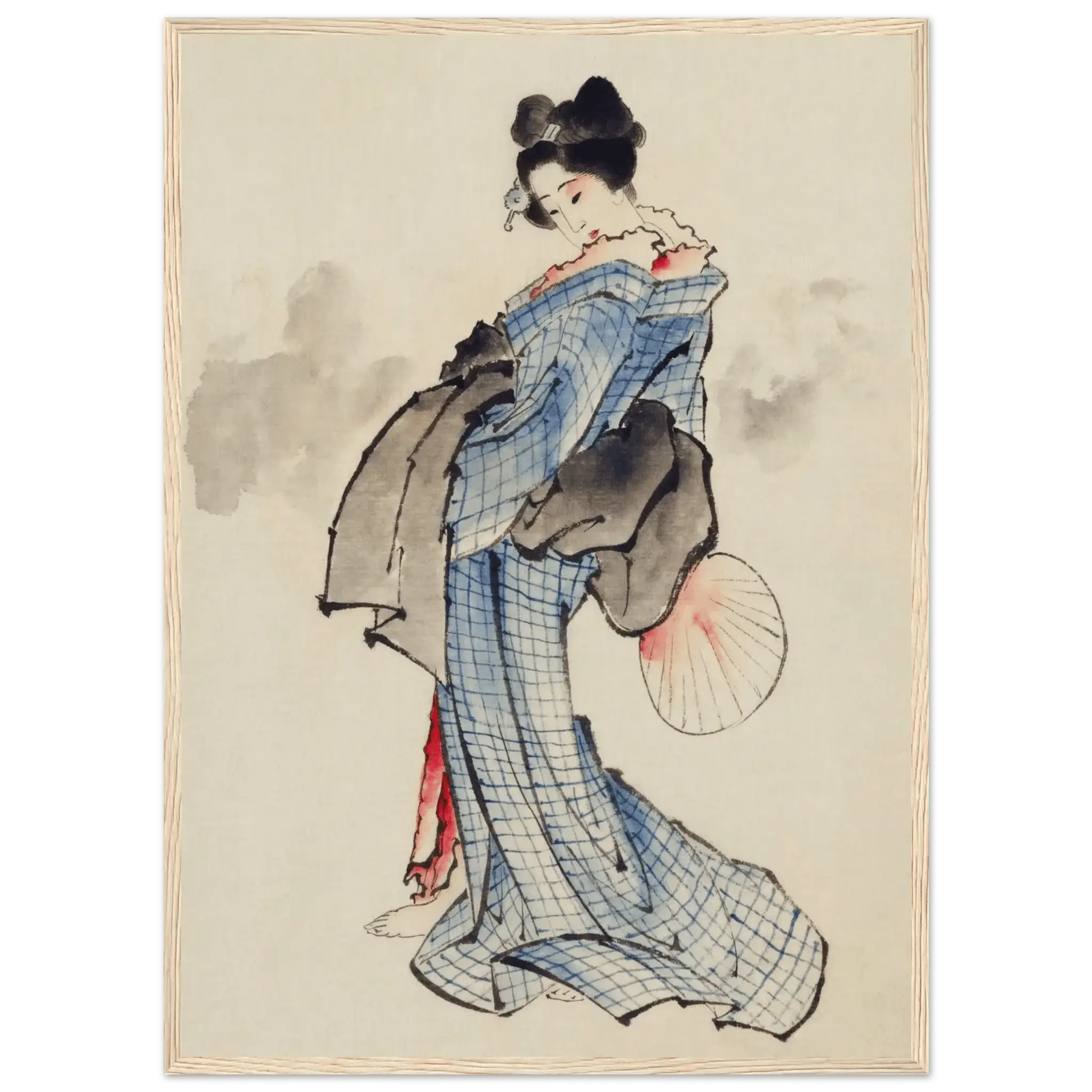 Frau mit Fächer im karierten Kimono - Gerahmte Eleganz - HINORI