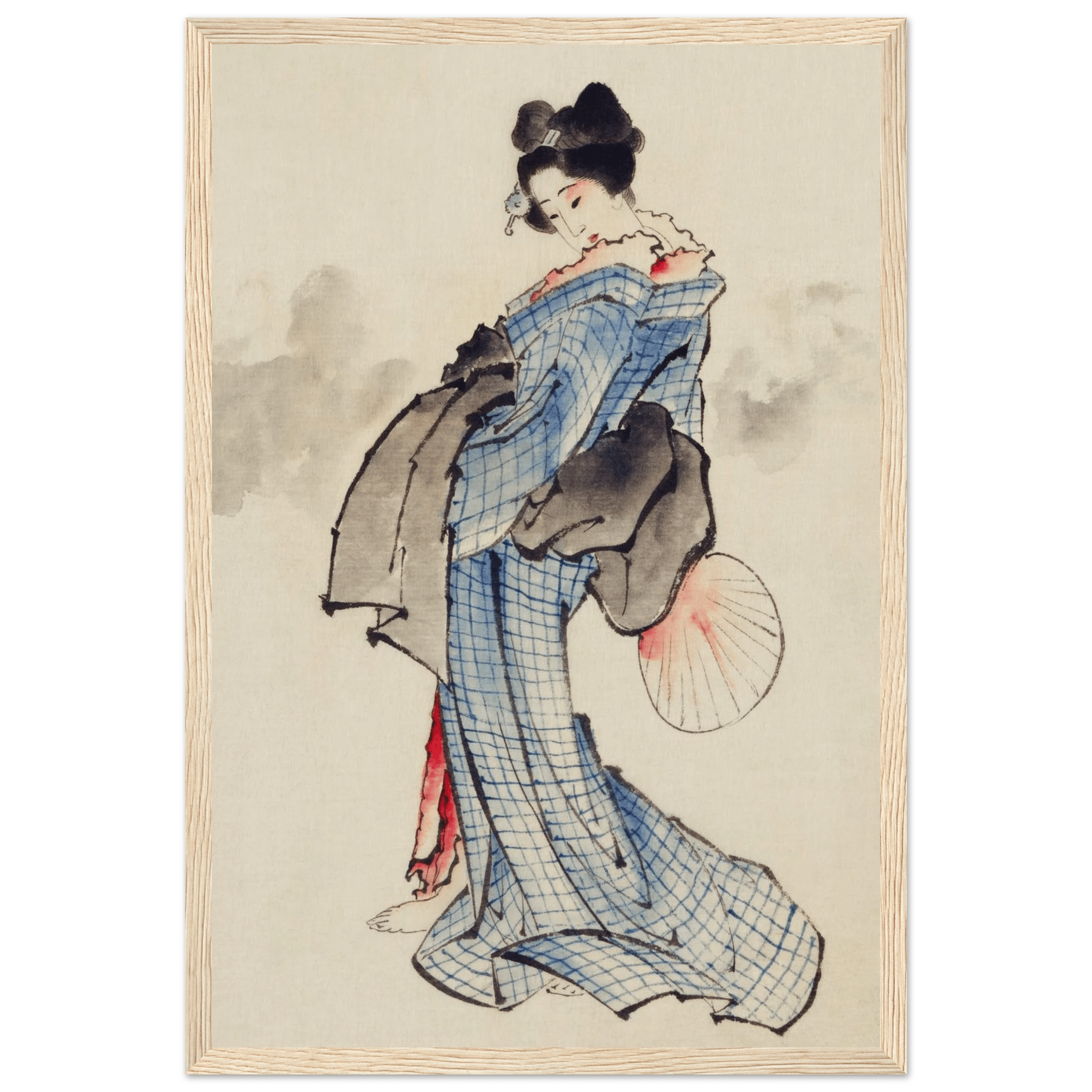 Frau mit Fächer im karierten Kimono - Gerahmte Eleganz - HINORI