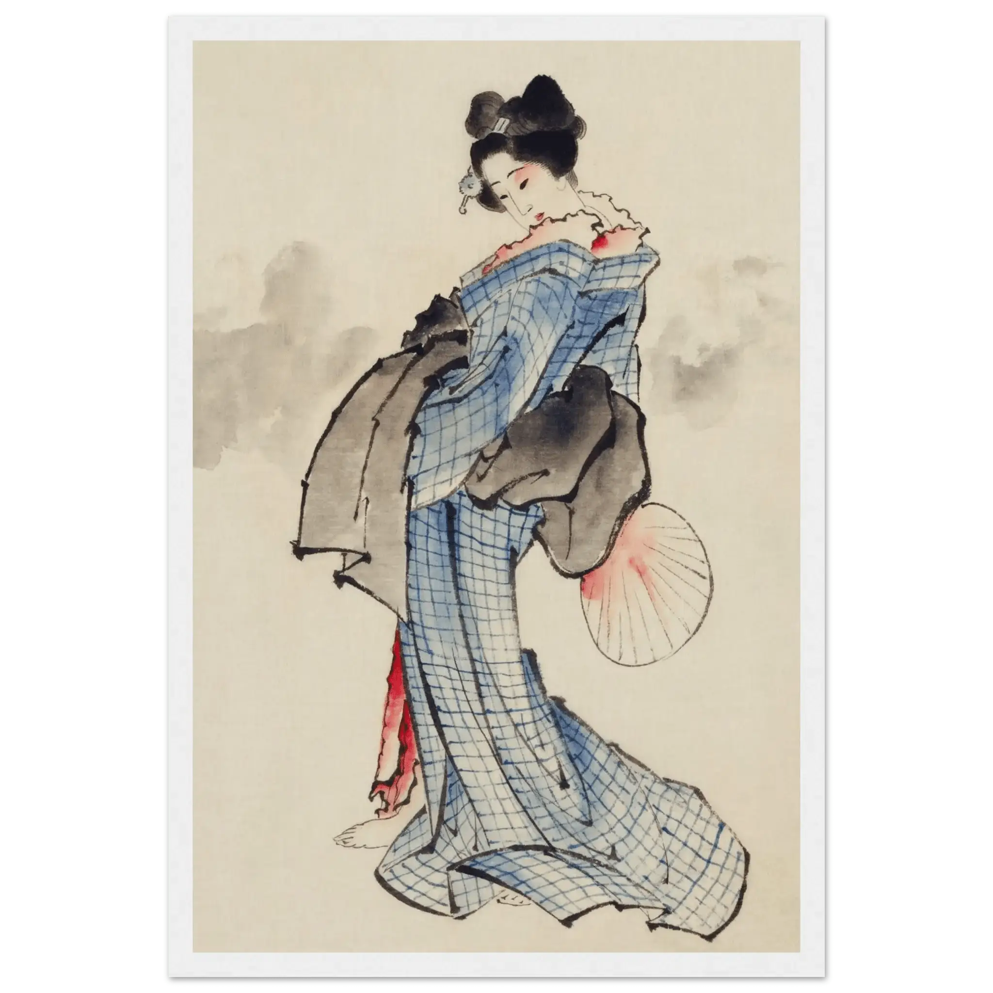 Frau mit Fächer im karierten Kimono - Gerahmte Eleganz - HINORI
