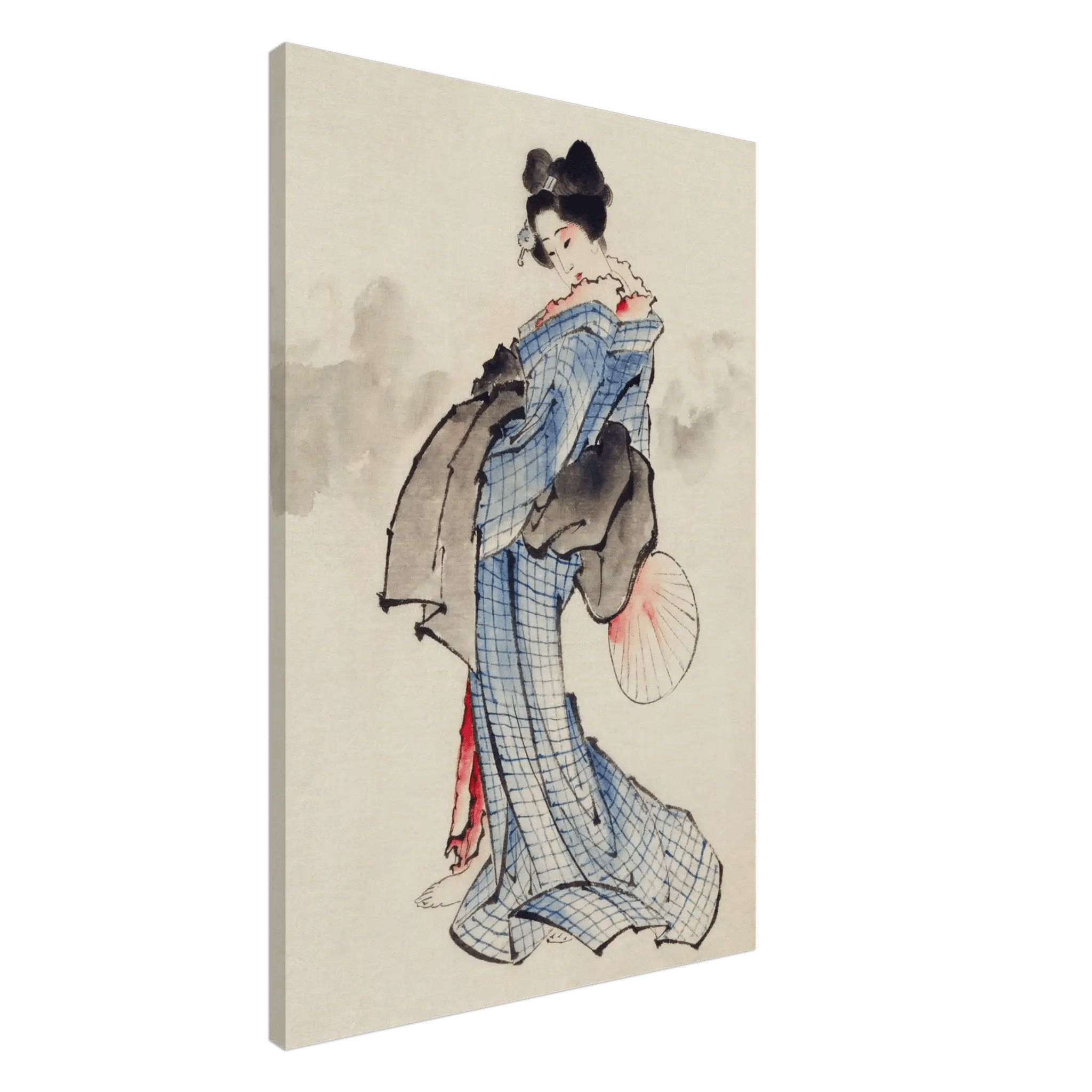 Frau mit Fächer im karierten Kimono - Leinwand Edition - HINORI