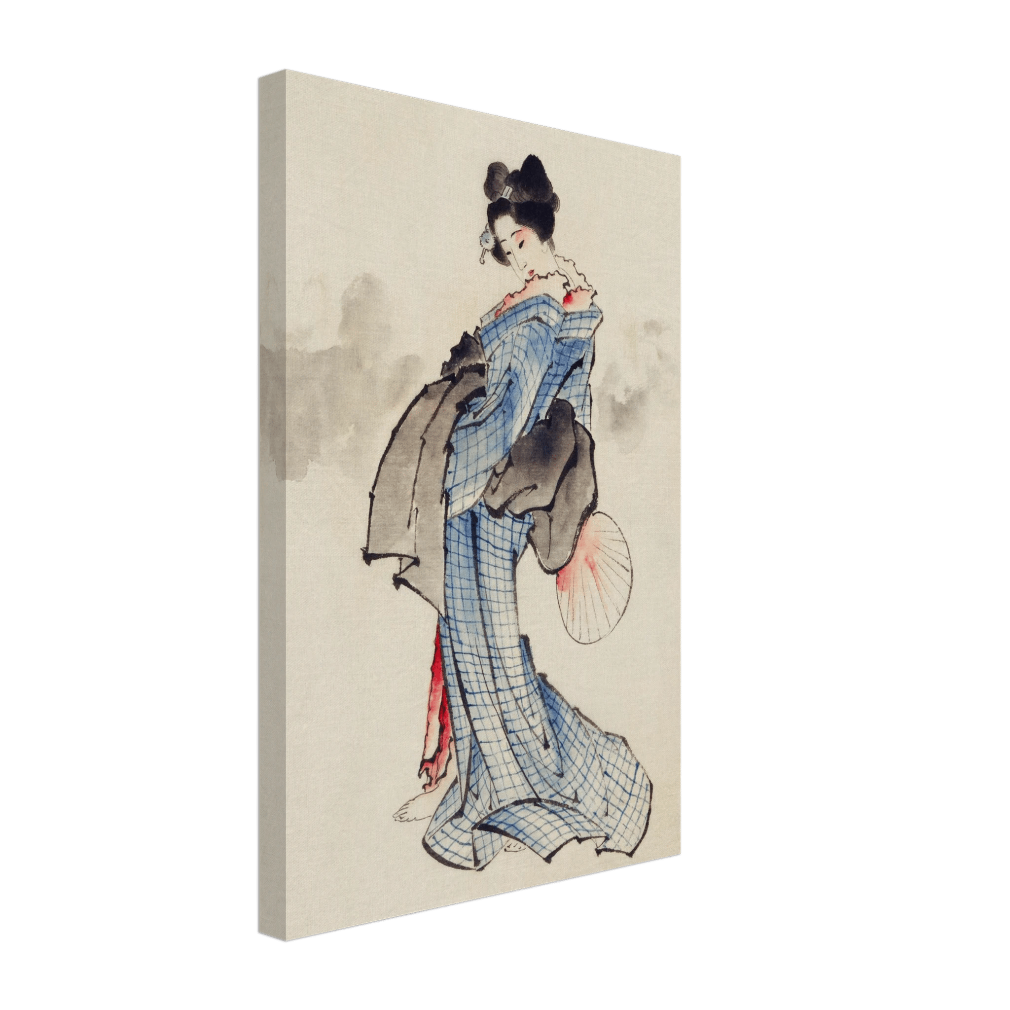 Frau mit Fächer im karierten Kimono - Leinwand Edition - HINORI