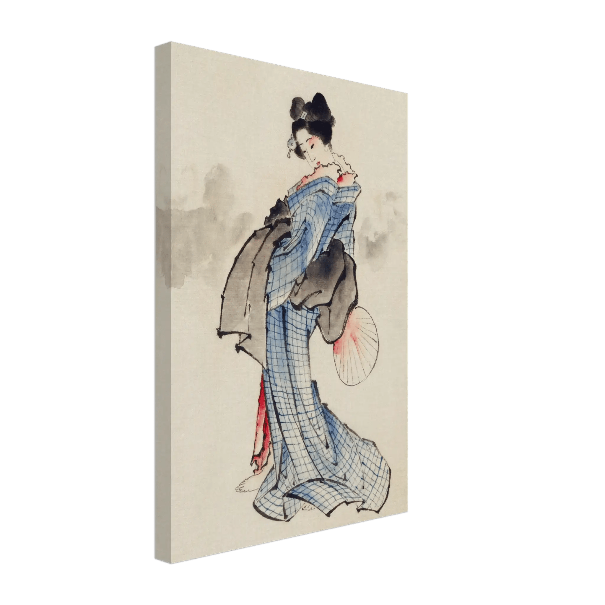Frau mit Fächer im karierten Kimono - Leinwand Edition - HINORI