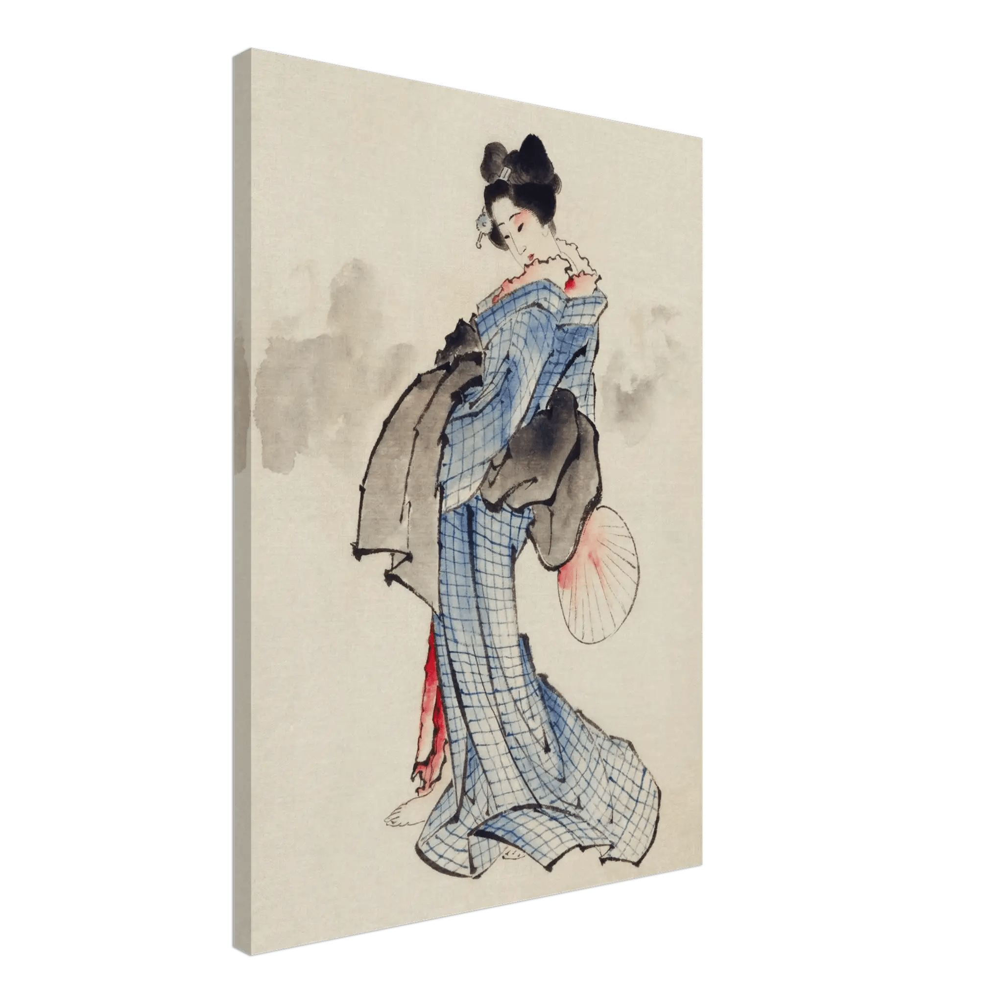 Frau mit Fächer im karierten Kimono - Leinwand Edition - HINORI