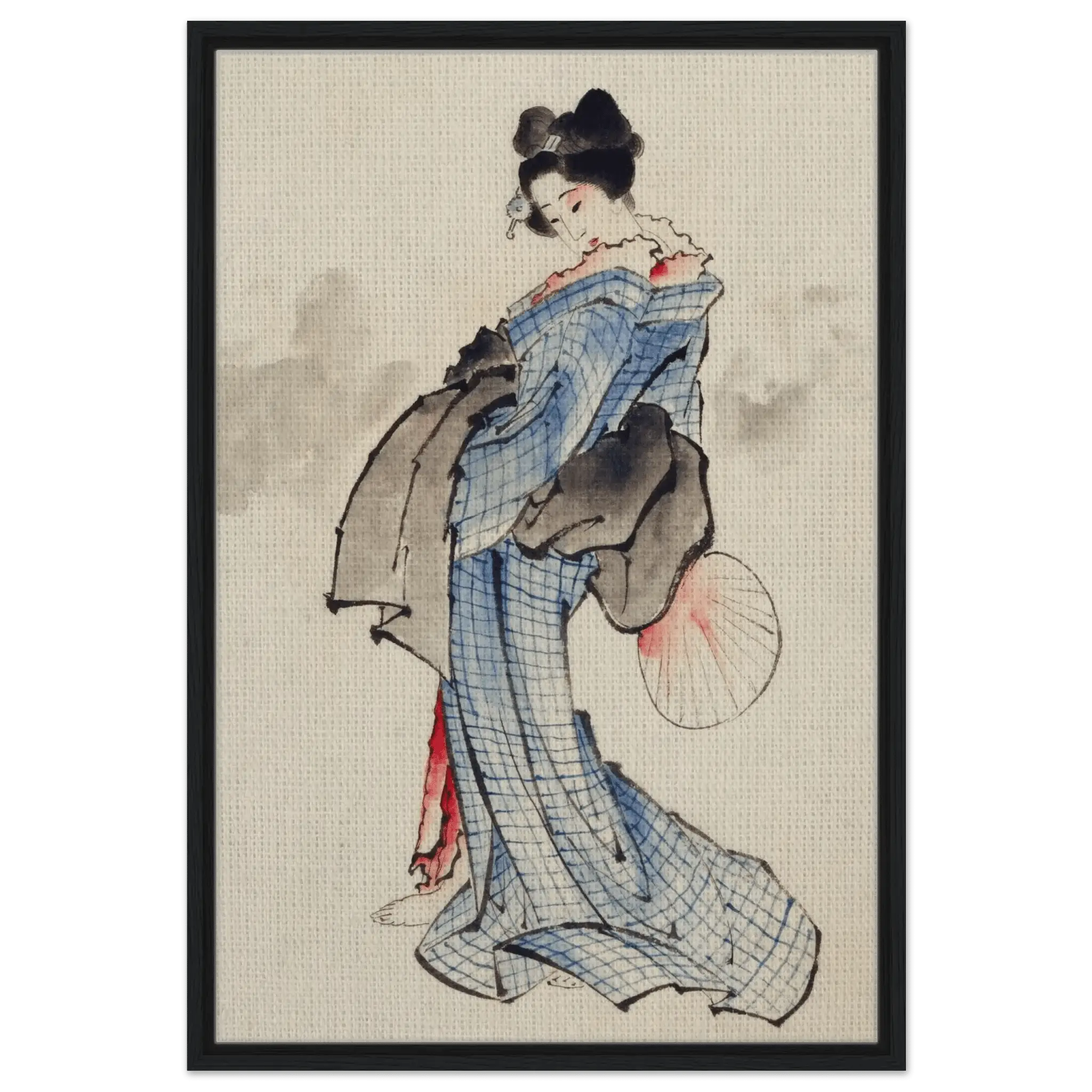 Frau mit Fächer im karierten Kimono - Signature Collection - HINORI