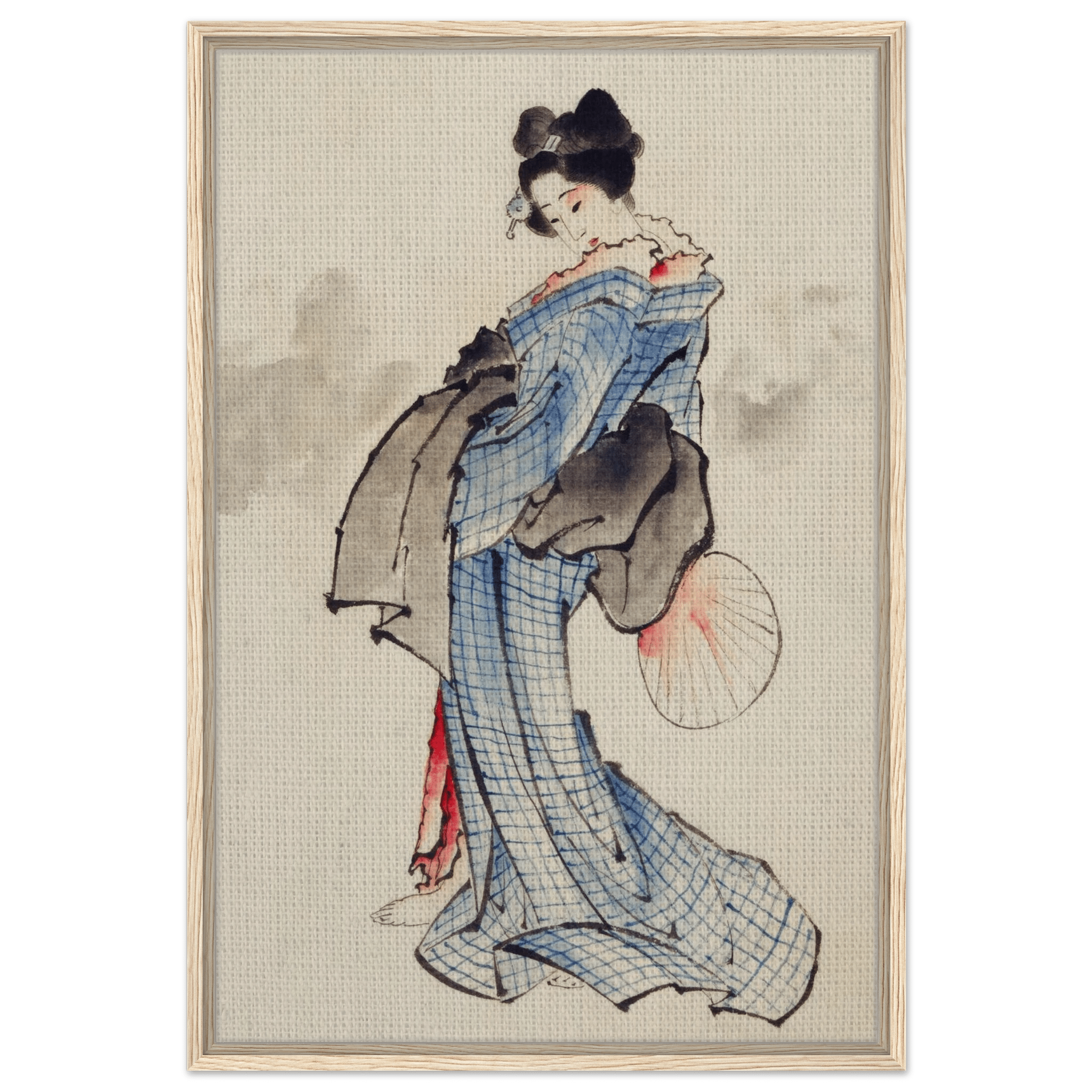 Frau mit Fächer im karierten Kimono - Signature Collection - HINORI