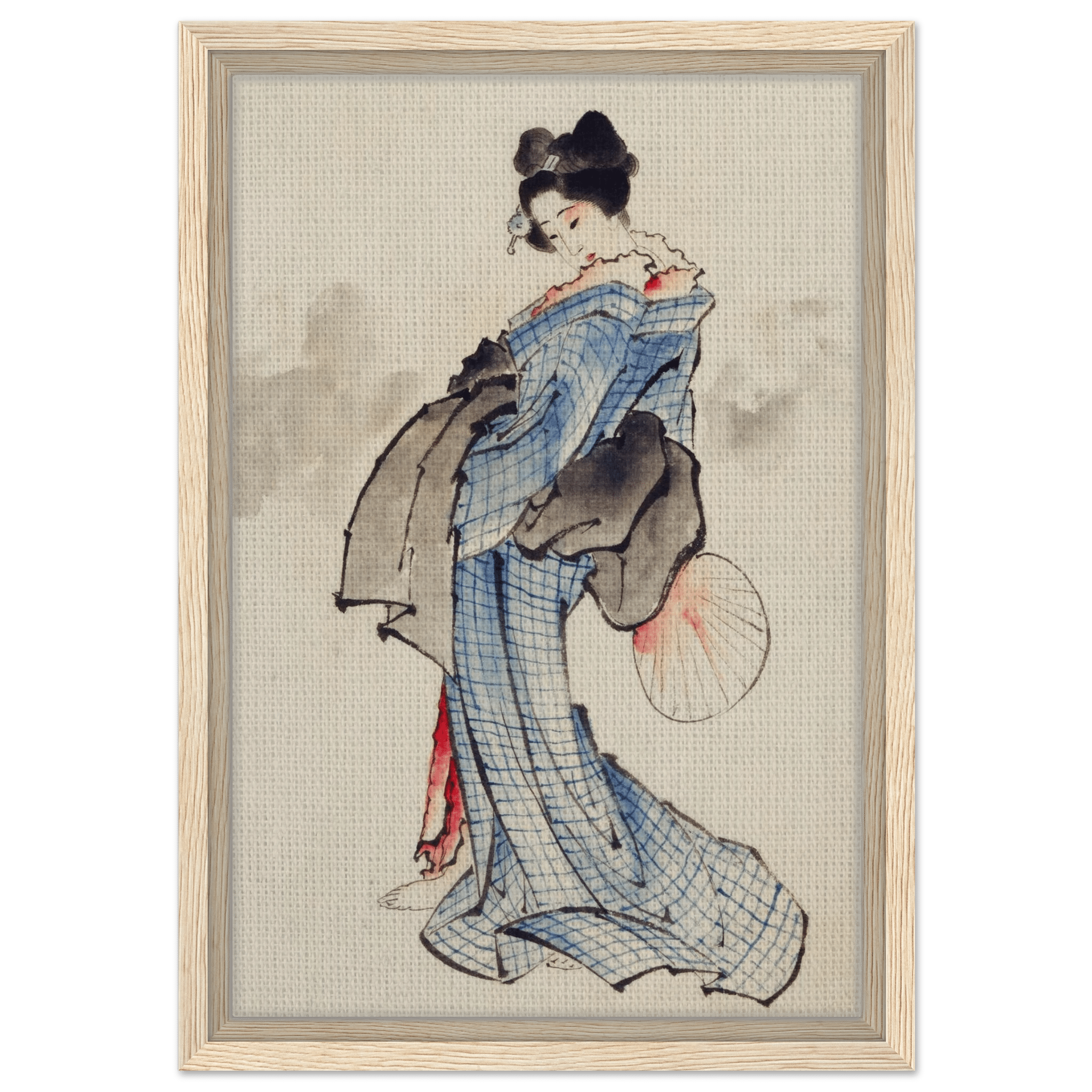 Frau mit Fächer im karierten Kimono - Signature Collection - HINORI