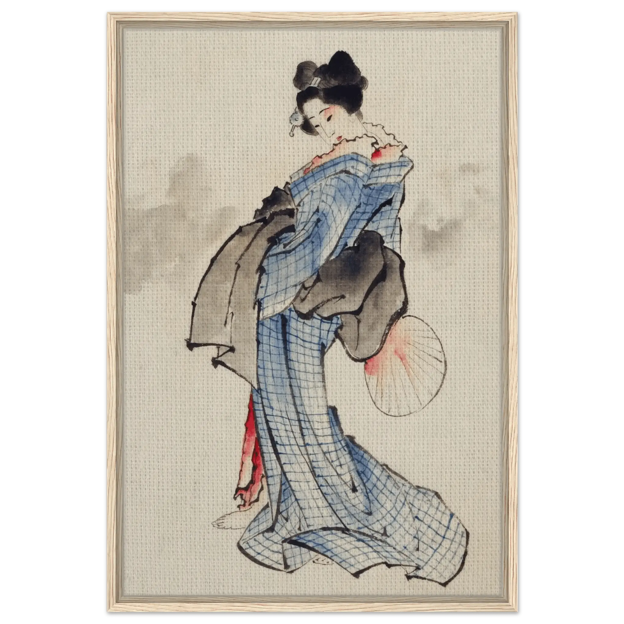 Frau mit Fächer im karierten Kimono - Signature Collection - HINORI