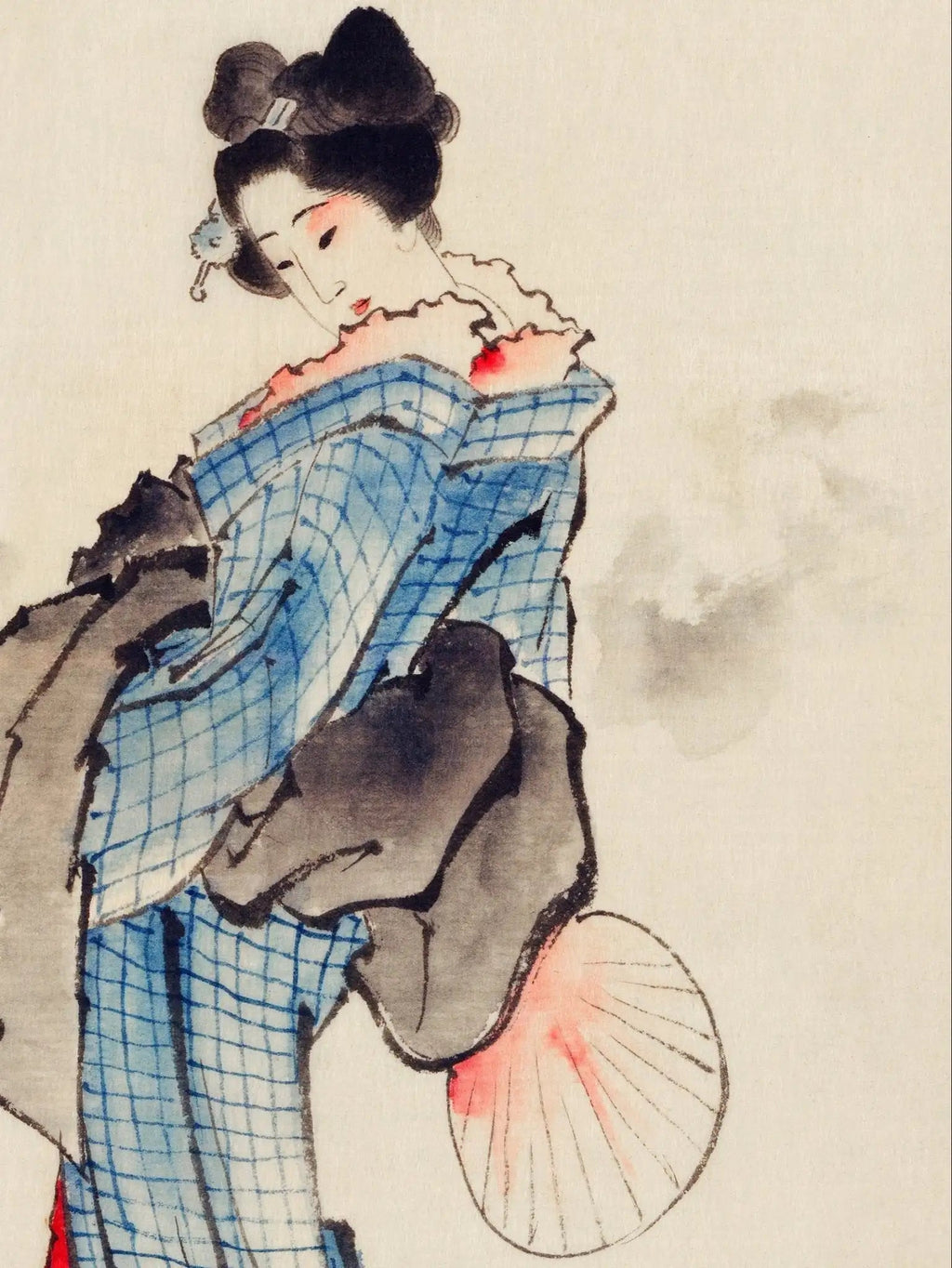 Frau mit Fächer im karierten Kimono - Signature Collection - HINORI