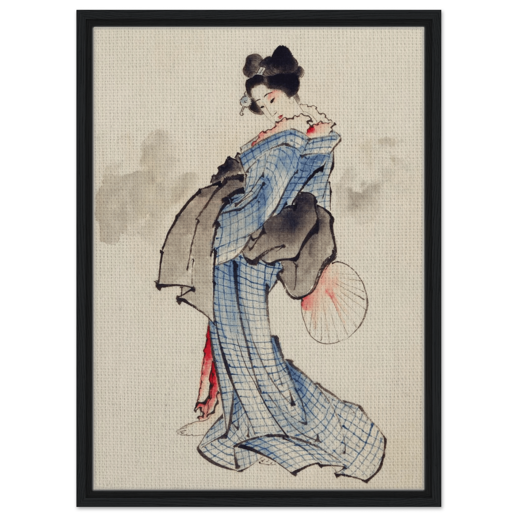Frau mit Fächer im karierten Kimono - Signature Collection - HINORI