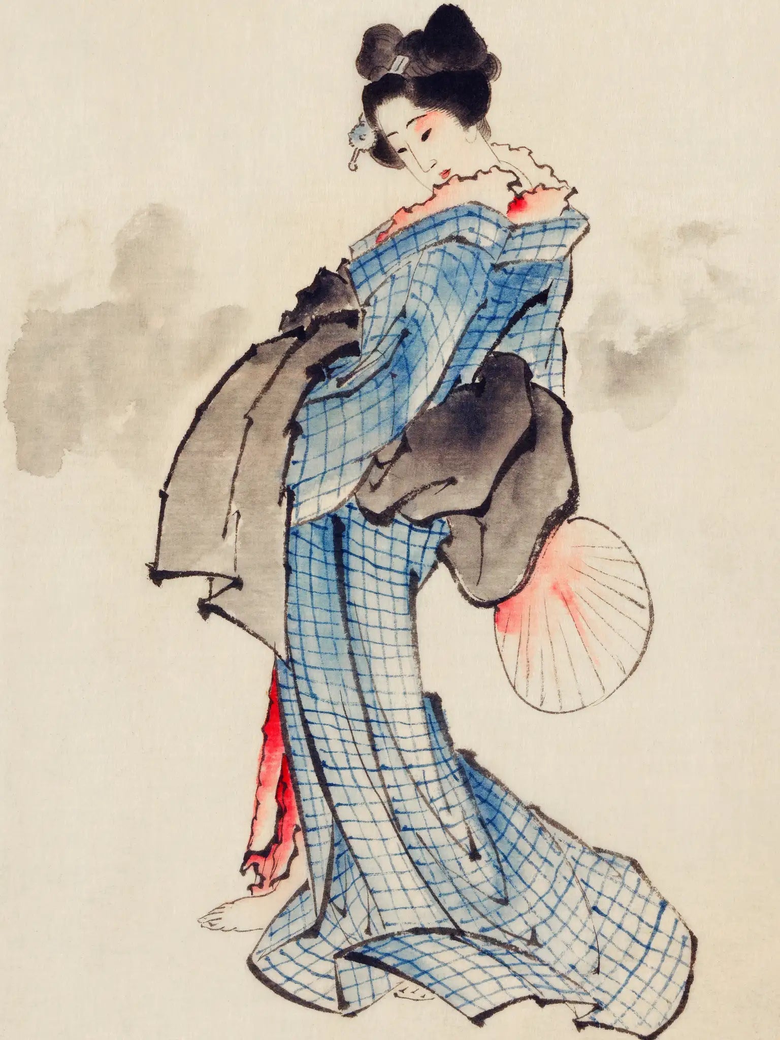 Frau mit Fächer im karierten Kimono - Signature Collection - HINORI