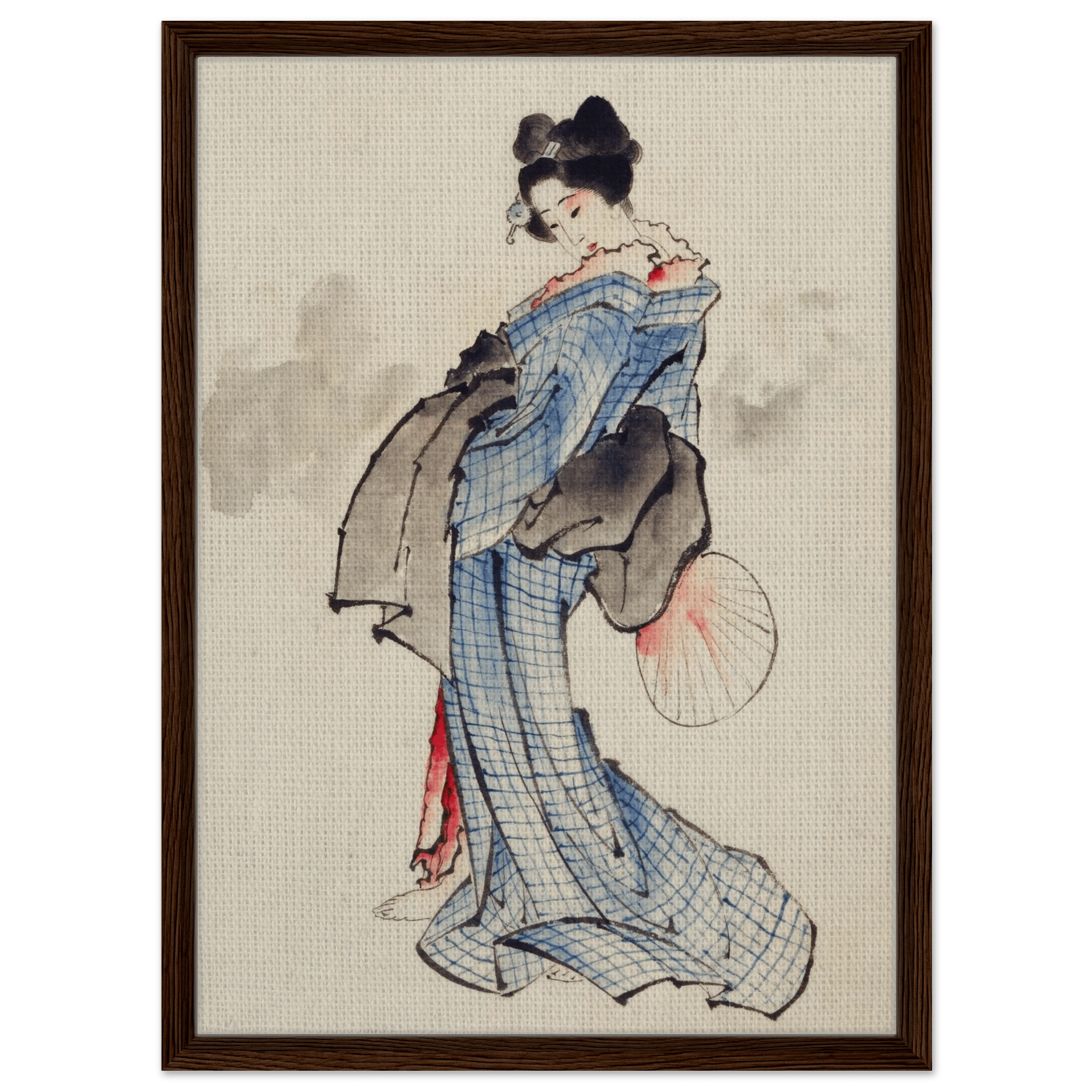 Frau mit Fächer im karierten Kimono - Signature Collection - HINORI