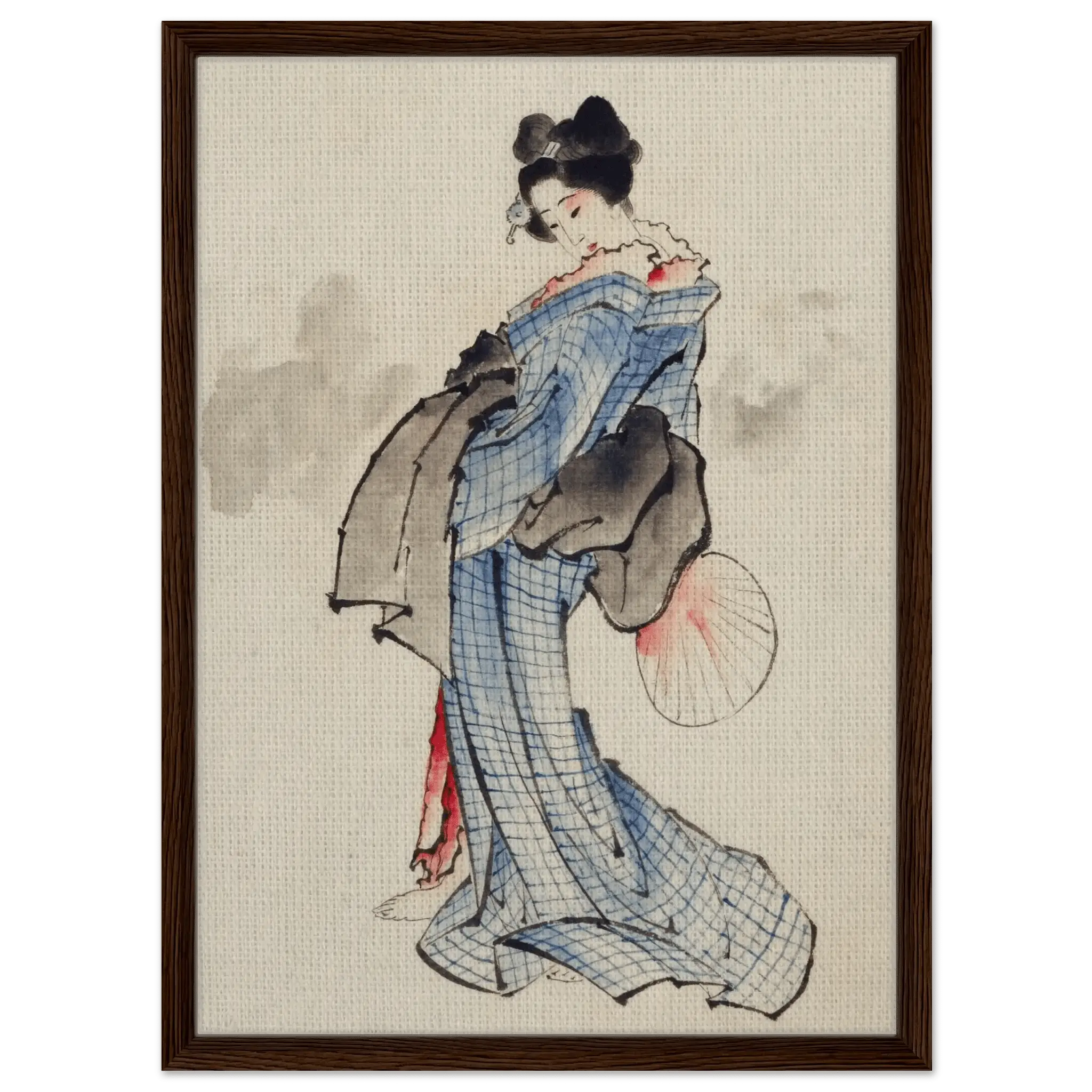 Frau mit Fächer im karierten Kimono - Signature Collection - HINORI